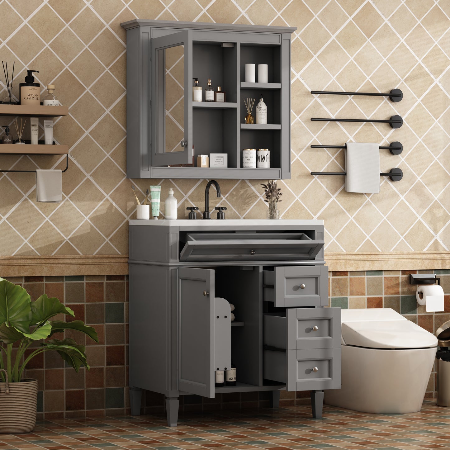 30'' Bathroom Vanity with Top Sink, Modern Bathroom Storage Cabinet with 2 Drawers and a Tip-out Drawer, Freestanding Vanity Set with Mirror Cabinet, Single Sink Bathroom Vanity