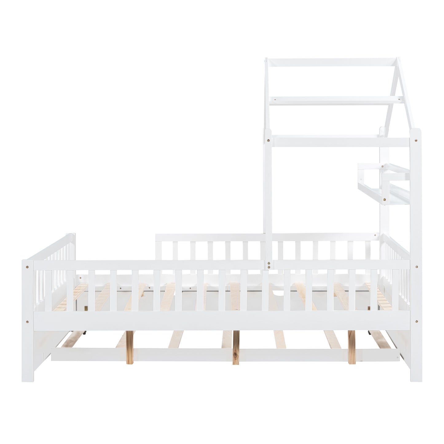 Wooden Full Size House Bed with Twin Size Trundle,Kids Bed with Shelf,White