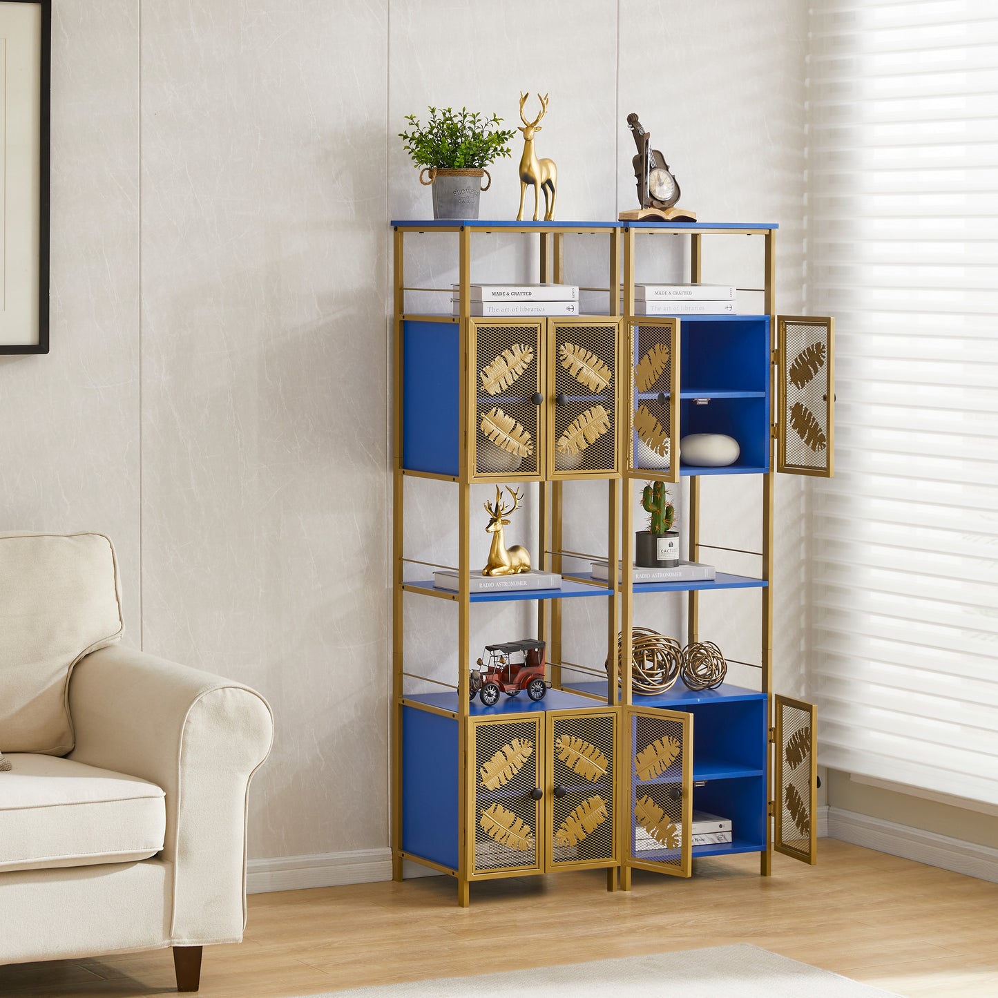 Tall Large Floor Storage Cabinet with Open Compartments and 2 Cabinets with Doors, Freestanding Cabinet, for Home Kitchen, Bathroom, Living Room