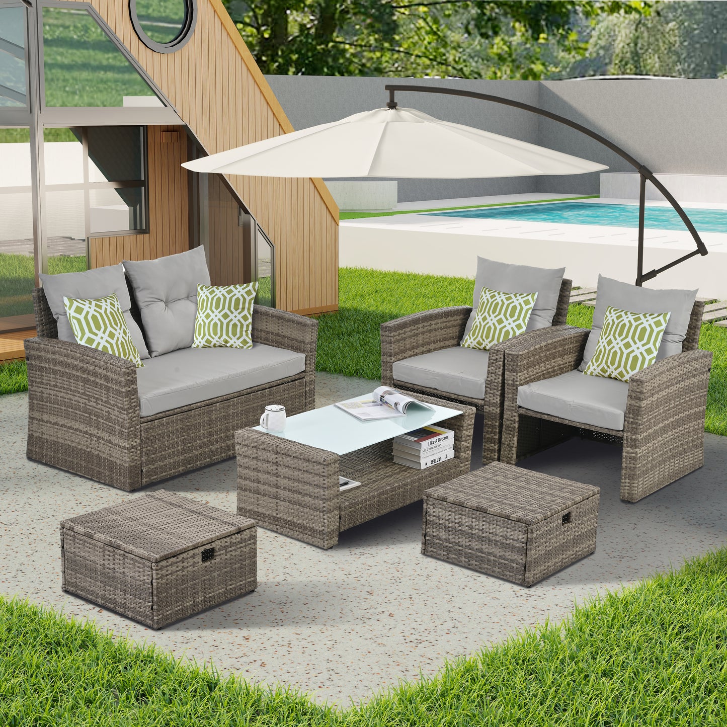 Patio Furniture, Outdoor Furniture, Seasonal PE Wicker Furniture, 6 Set Wicker Furniture With Tempered Glass Coffee Table
