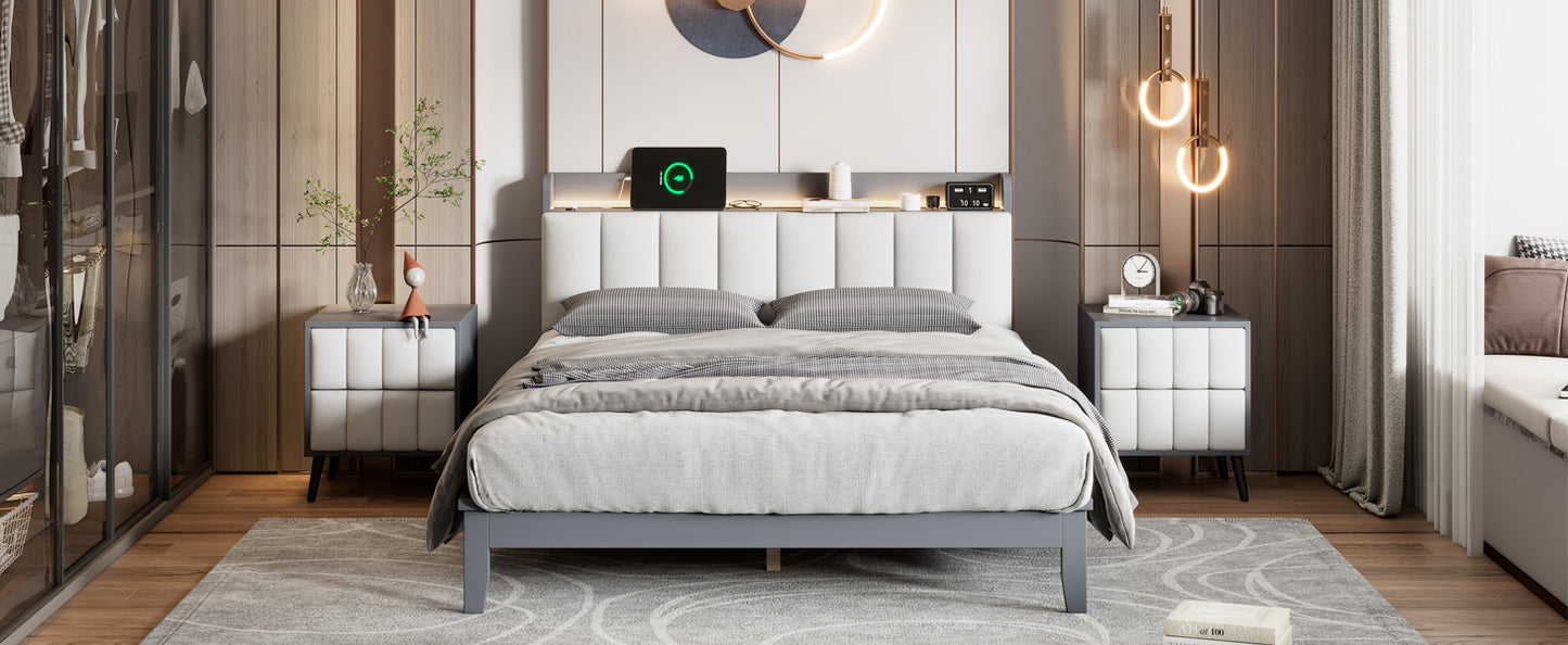3-Pieces Bedroom Sets,Queen Size Wood Platform Bed and Two Nightstands,Storage Platform bed with USB and LED Lights-Gray+White