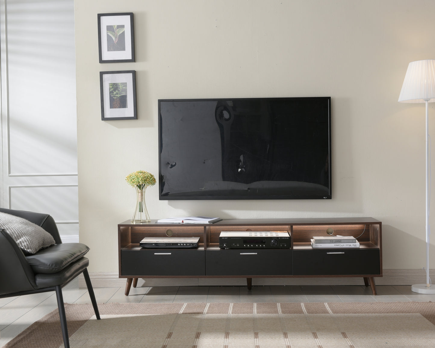 LED TV Stand LED Entertainment Center with Storage Modern LED Media Console Tables LED TV Cabinet for Living Room Bedroom and Office Walnut