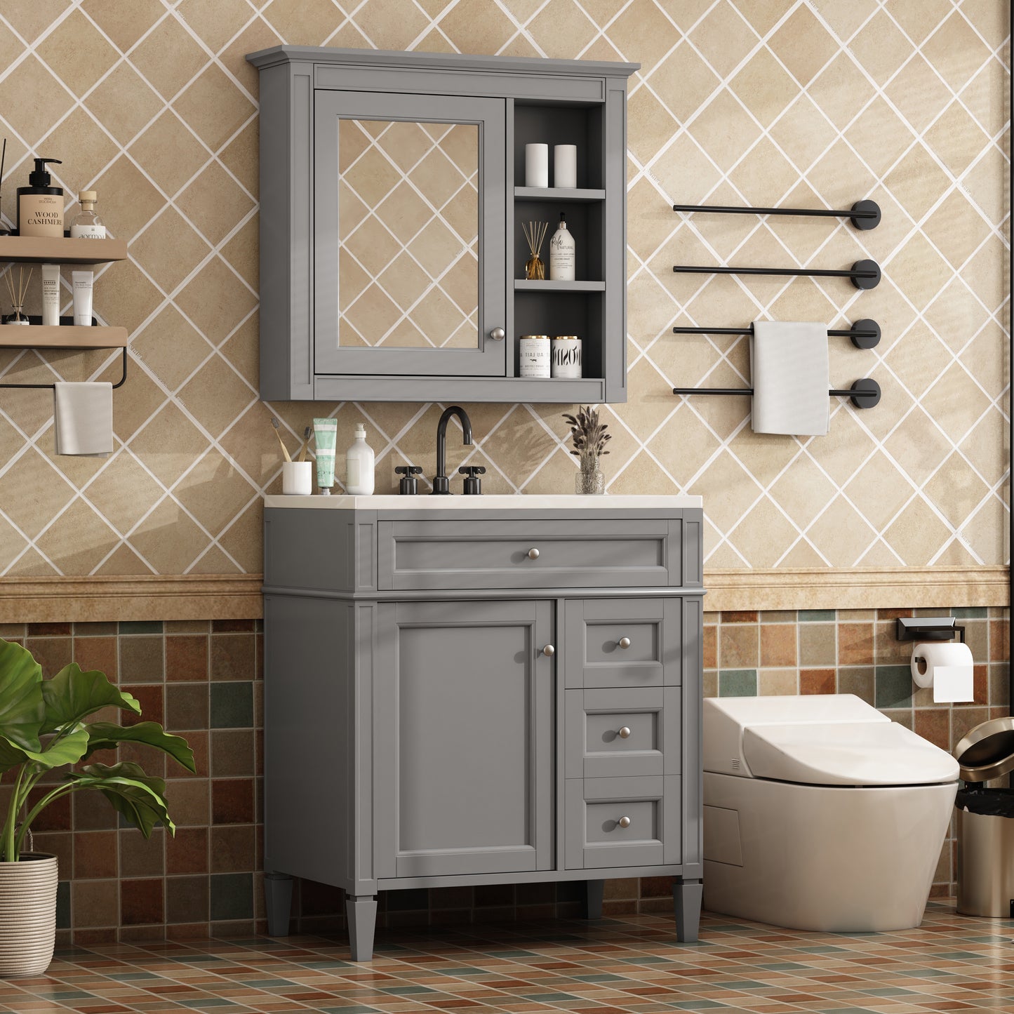 30'' Bathroom Vanity with Top Sink, Modern Bathroom Storage Cabinet with 2 Drawers and a Tip-out Drawer, Freestanding Vanity Set with Mirror Cabinet, Single Sink Bathroom Vanity