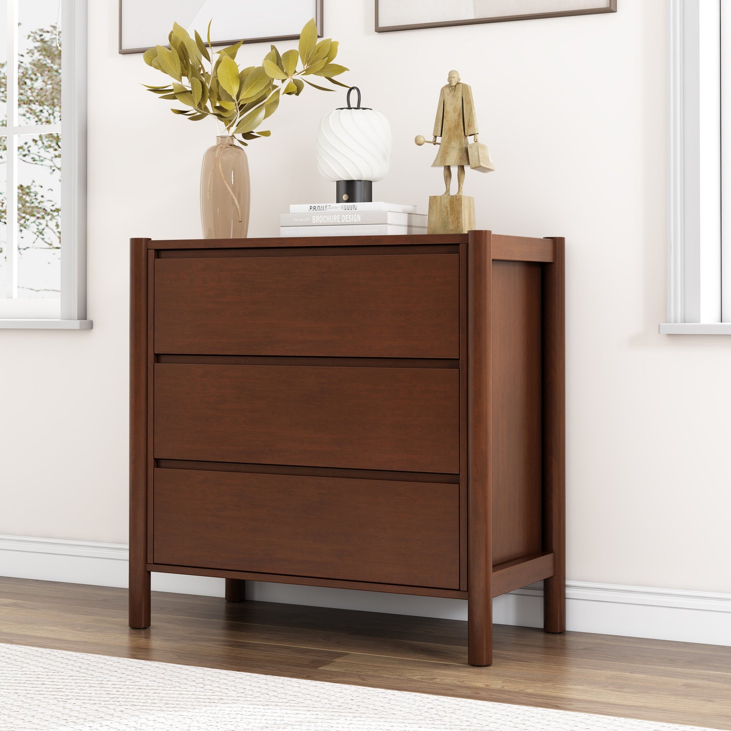 Mid Century Modern Wood 3-Drawer Chest Storage Cabinet Chest of Drawers for Bedroom, Living Room, Rich Walnut