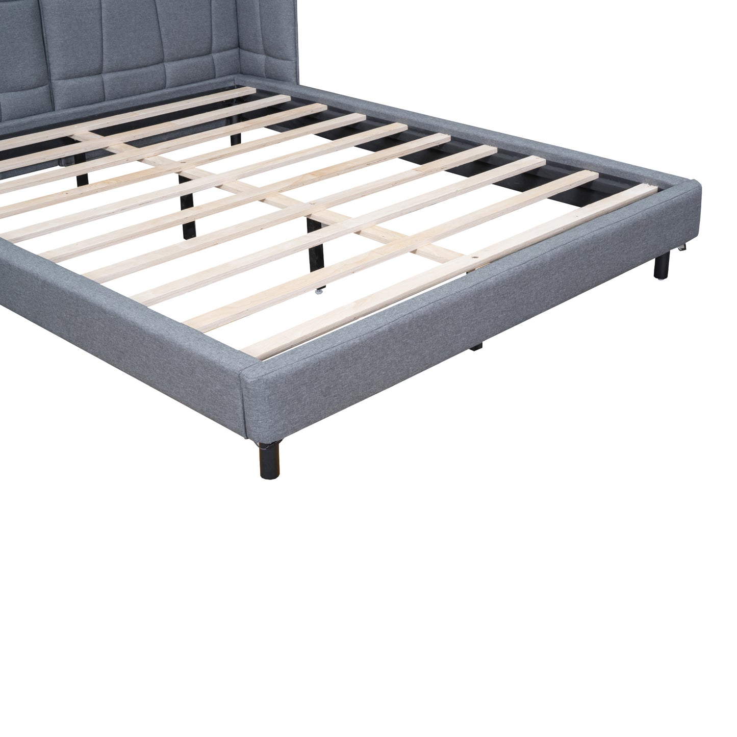 Queen Size Upholstered Platform Bed with LED Lights and U-Shaped Headboard, Linen Fabric, Gray