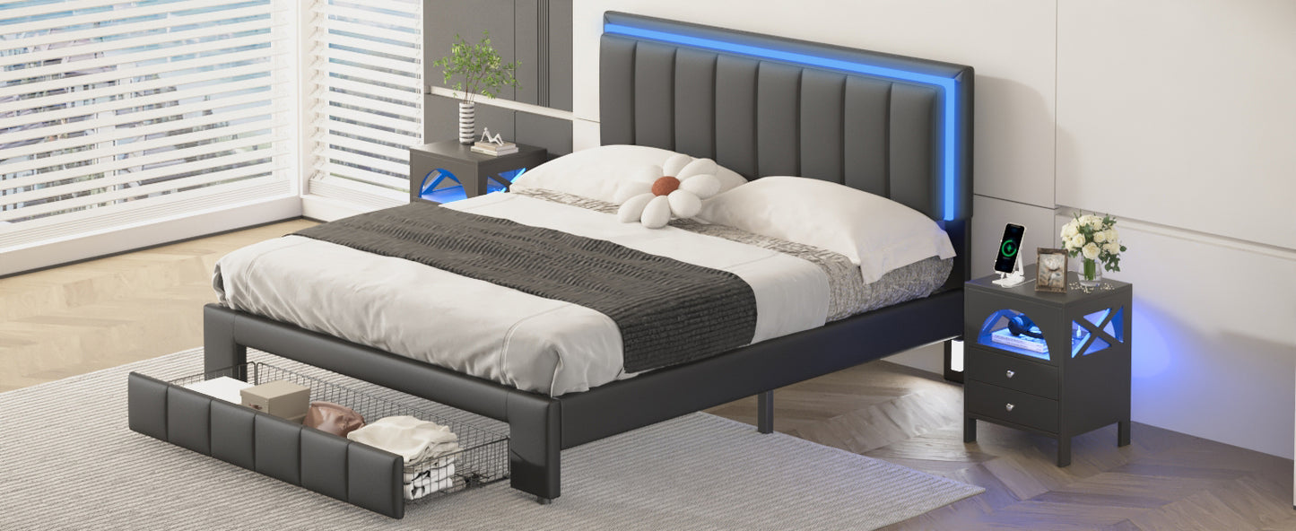 3-Pieces Bedroom Sets,Queen Size Upholstered Bed with LED Lights and Motion Activated Night Lights,Two Nightstands with USB Charging Station and LED lights,Black