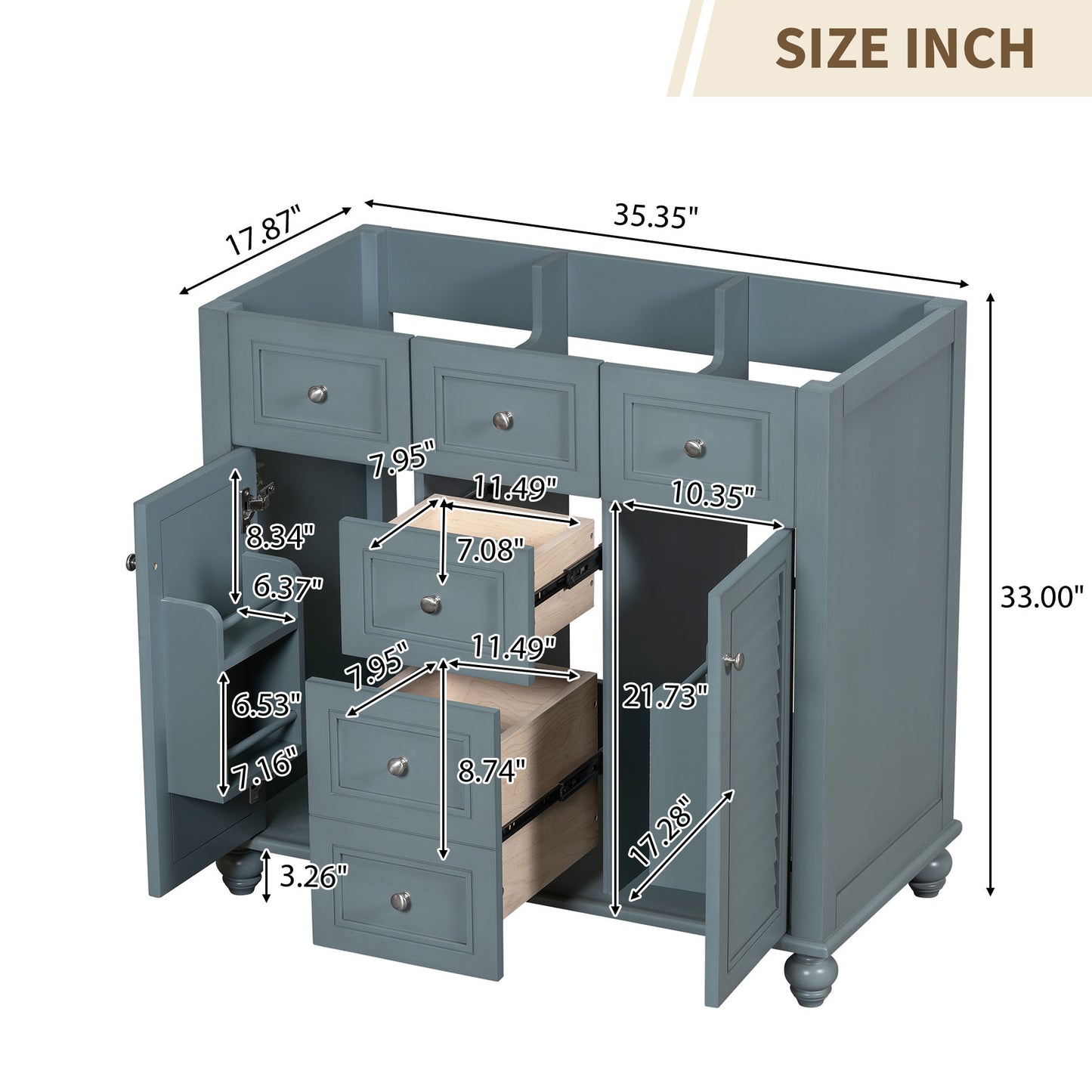 36" Bathroom Vanity Cabinet without Sink, Free Standing Vanity Set with 2 Drawers& Soft Closing Doors, Solid Wood Frame Bathroom Cabinet, Blue (NOT INCLUDE BASIN SINK)