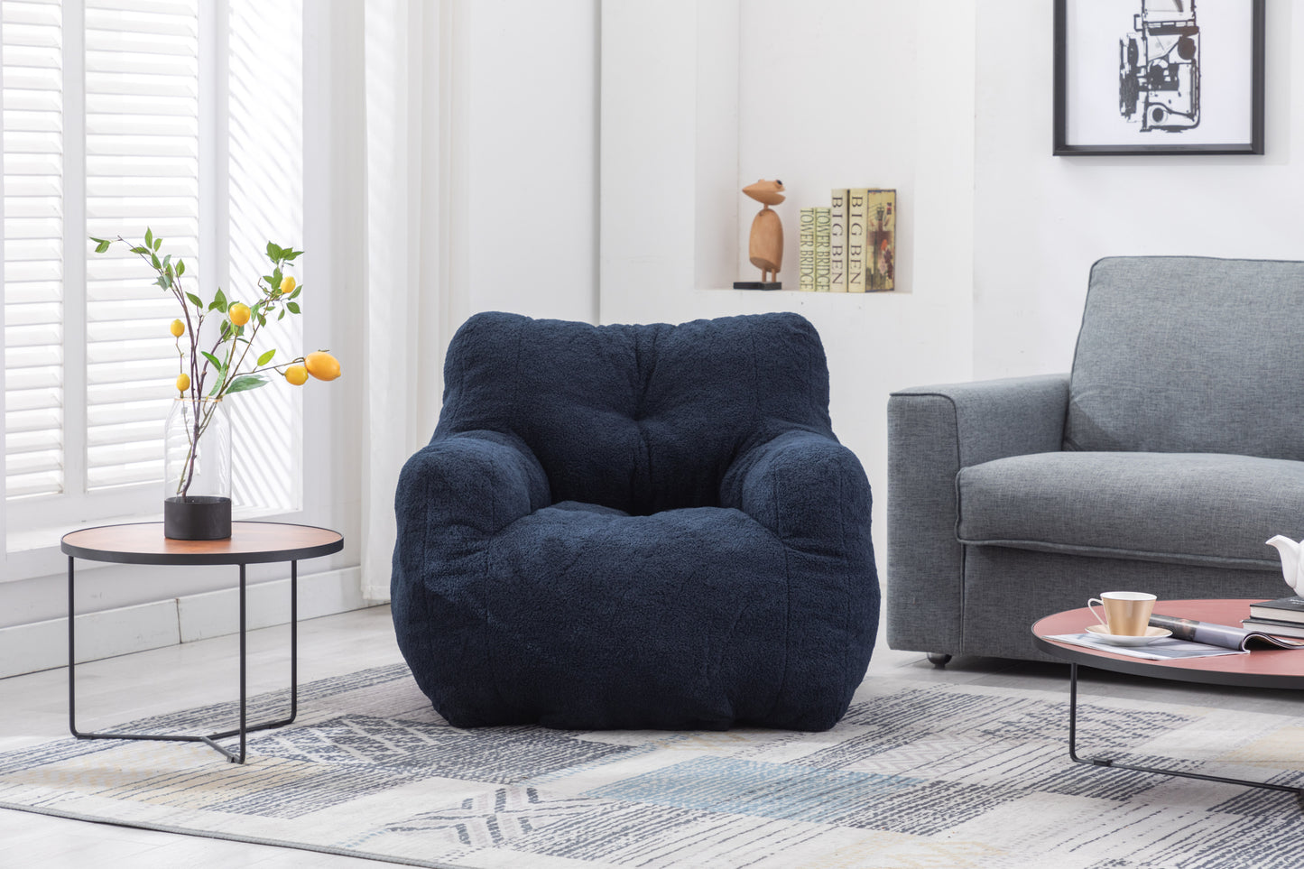 010-Soft Teddy Fabric Tufted Foam Bean Bag Chair With Teddy Fabric Dark Blue