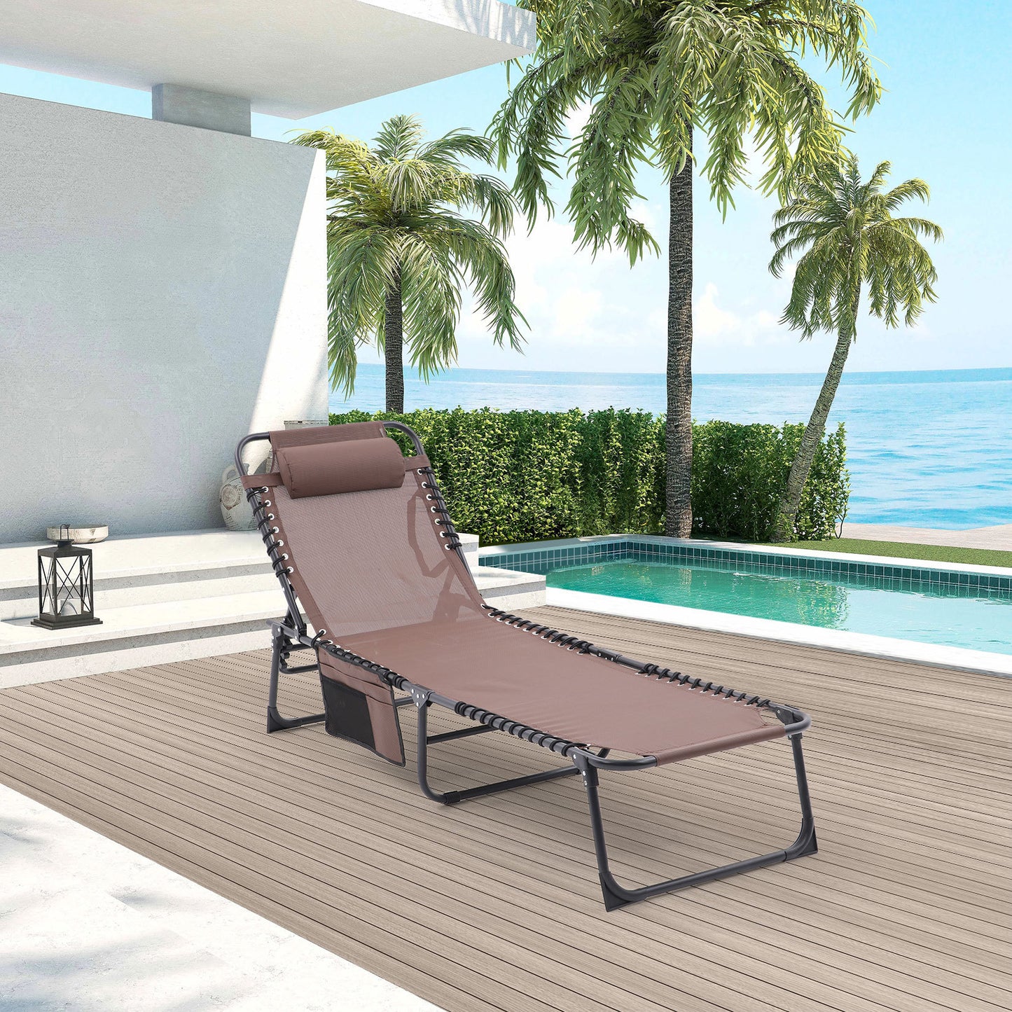 Folding Textilene Waterproof Patio Chaise Lounge Chair,Outdoor Adjustable and Reclining Tanning Chair with Pillow and Side Pocket for Lawn,Beach,Pool,Portable Camping and Sunbathing(2 Pieces,Coffee)