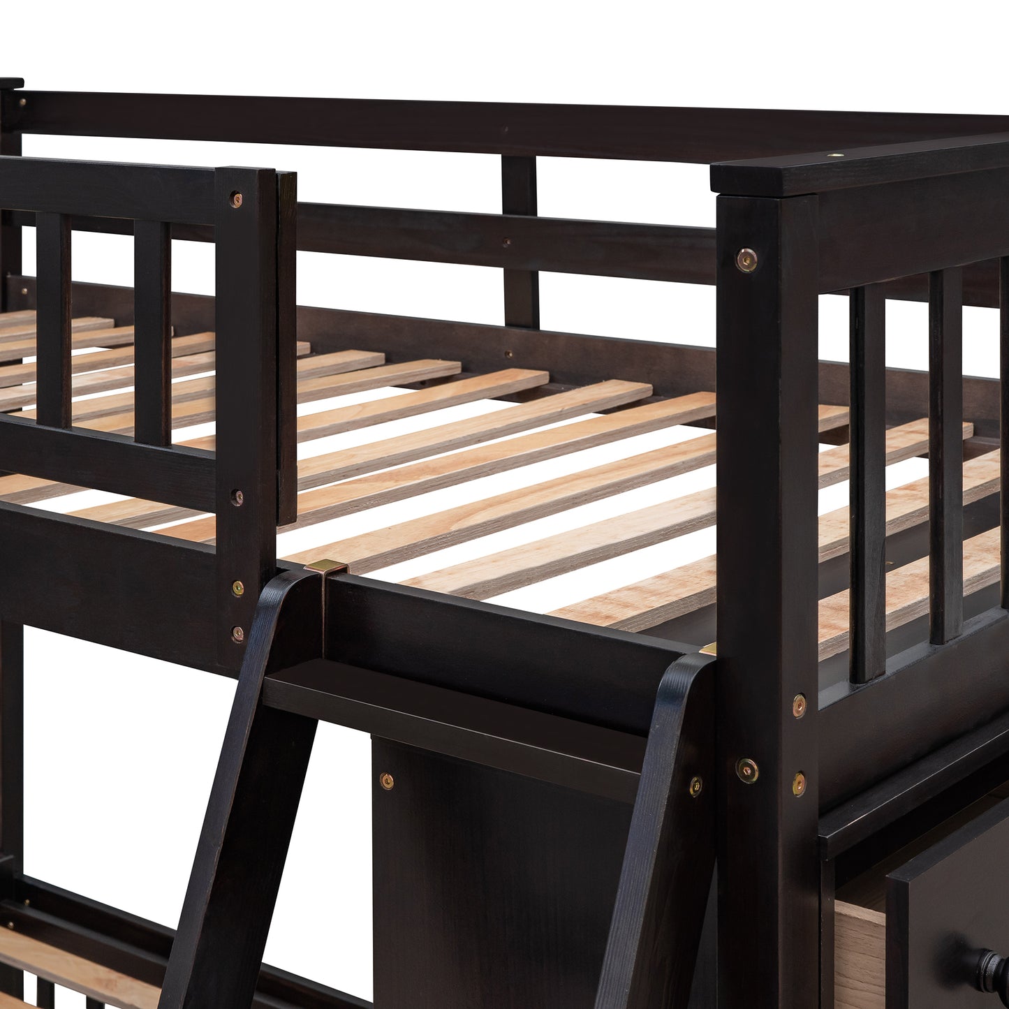 Wooden Twin Over Full Bunk Bed With Six Drawers And Flexible Shelves,Bottom Bed With Wheels,Espresso(OLD SKU:LP000531AAP)