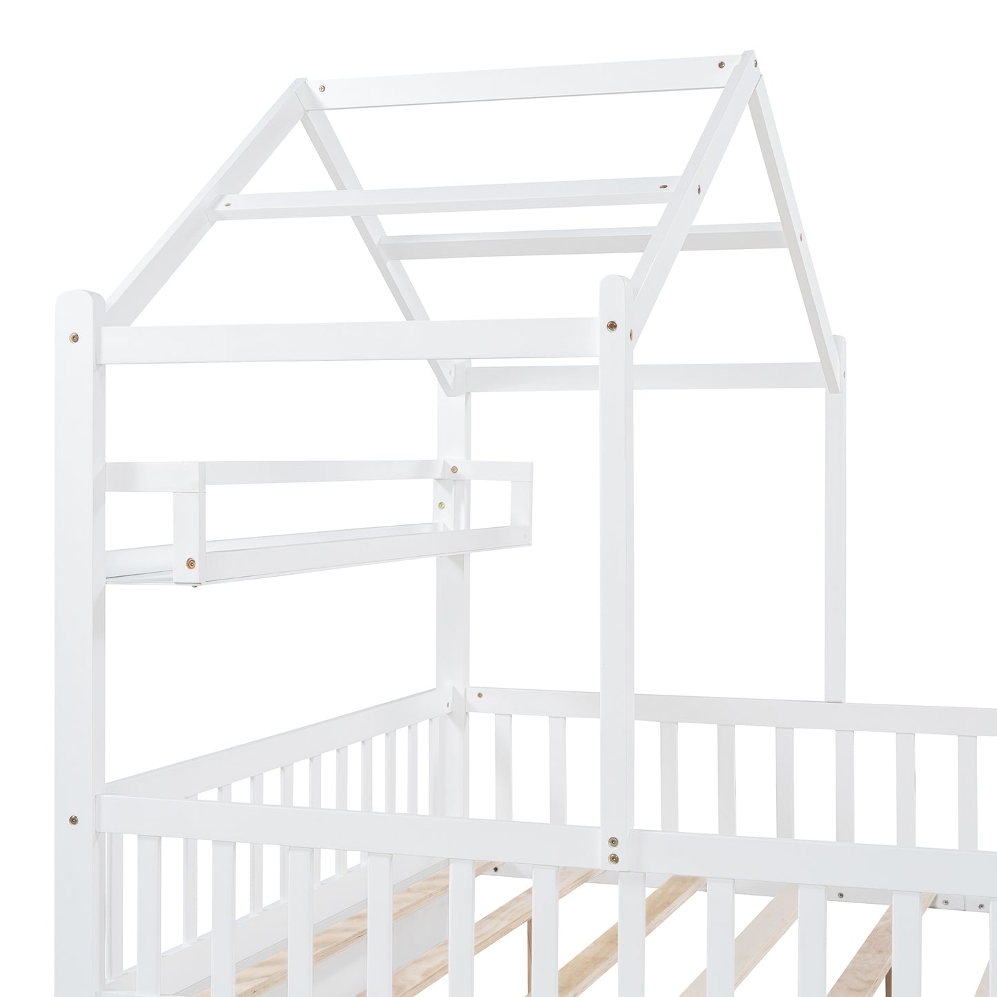 Wooden Full Size House Bed with Twin Size Trundle,Kids Bed with Shelf,White
