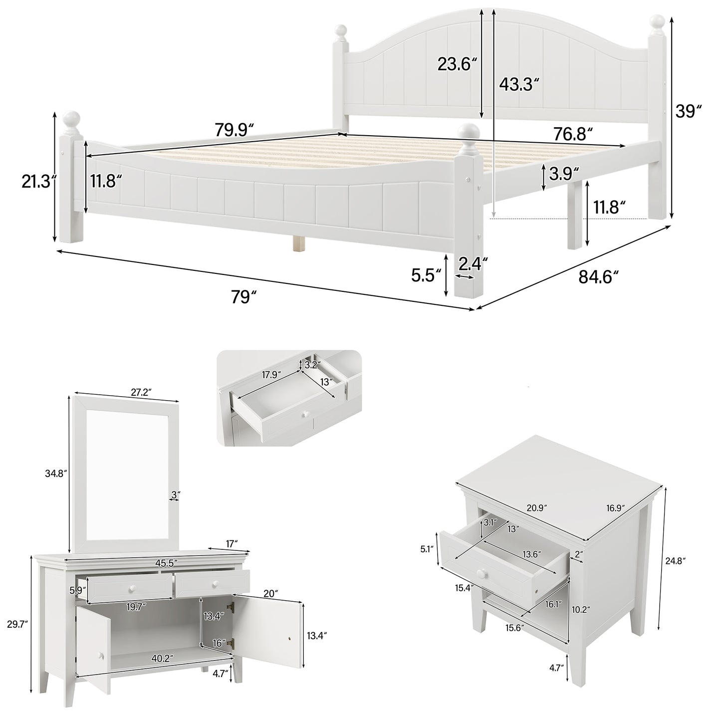 4 Pieces Traditional Concise Style White Bedroom Sets, Nightstand+ Dresser+ Mirror+King Bed