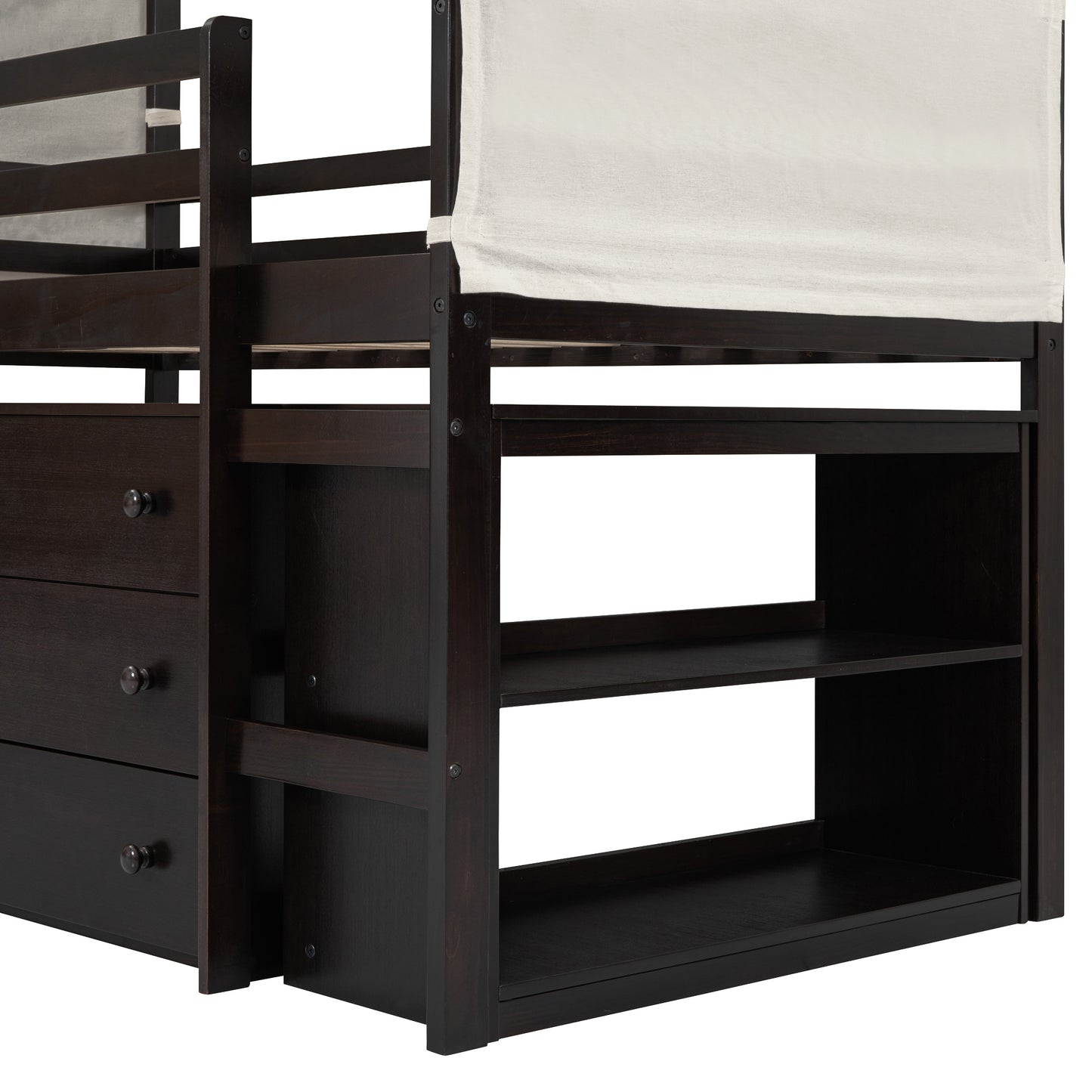 Twin Size Loft Bed with Rolling Cabinet, Shelf and Tent - Espresso