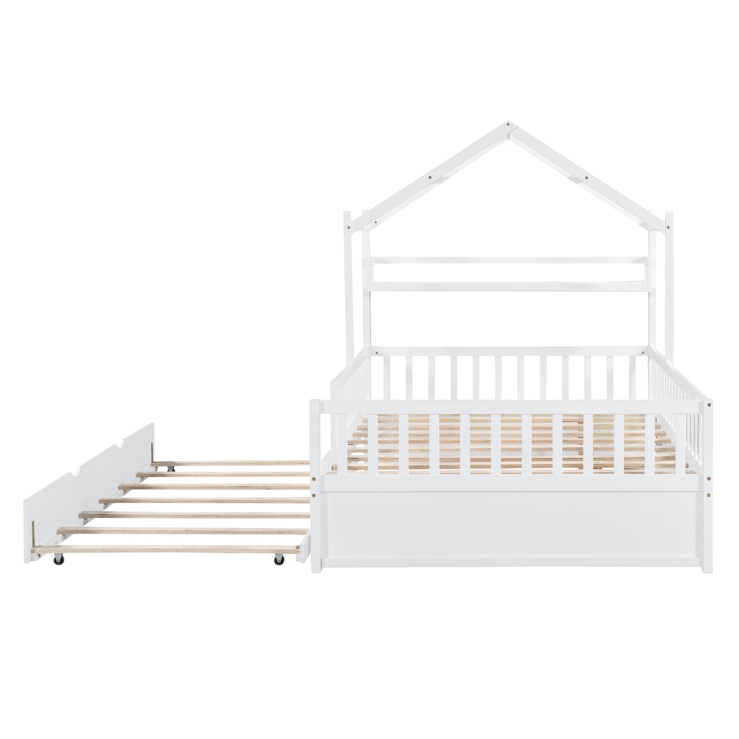 Wooden Full Size House Bed with Twin Size Trundle,Kids Bed with Shelf,White