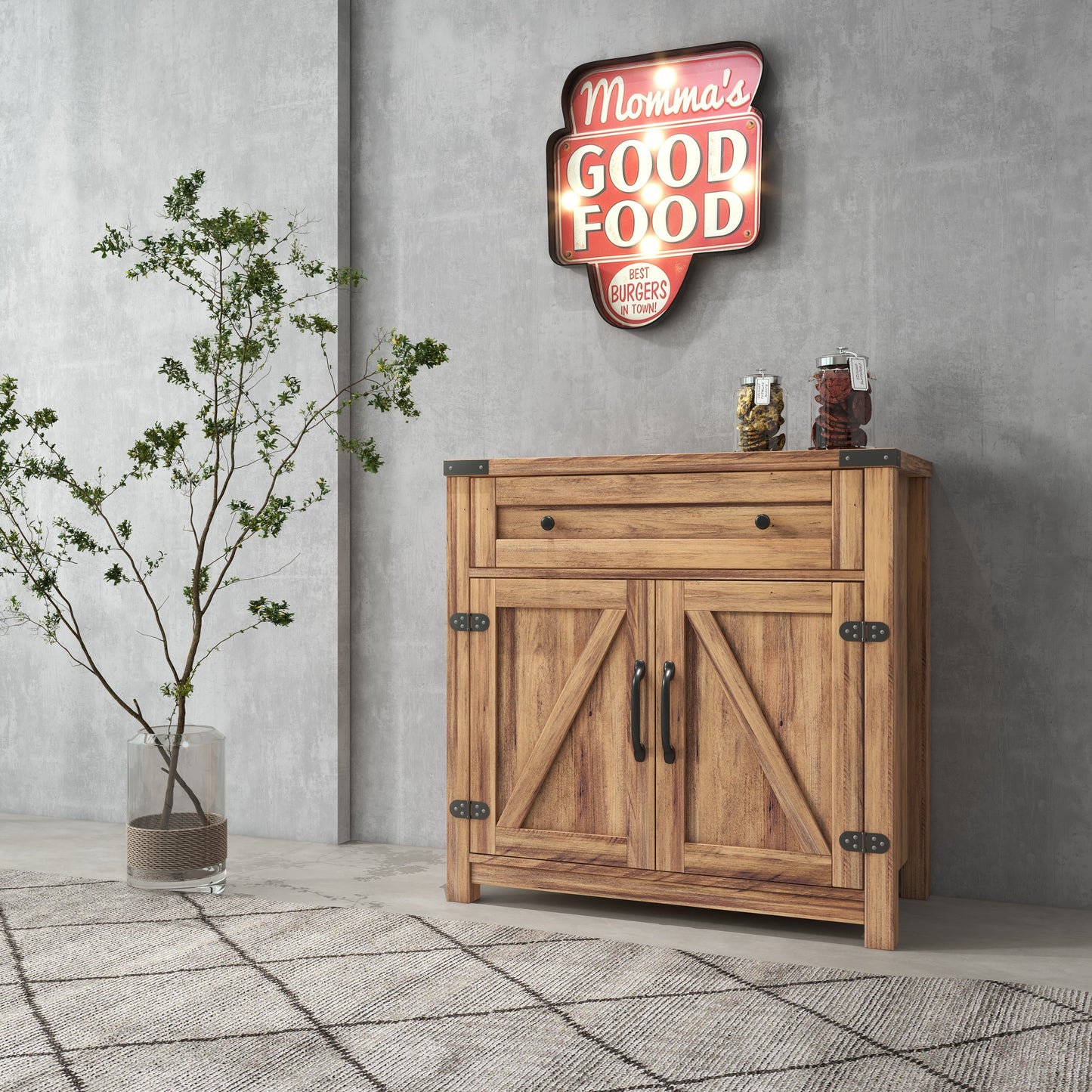 Modern Farmhouse Double Barn Door Accent Cabinet, 30 Inch, Light brown