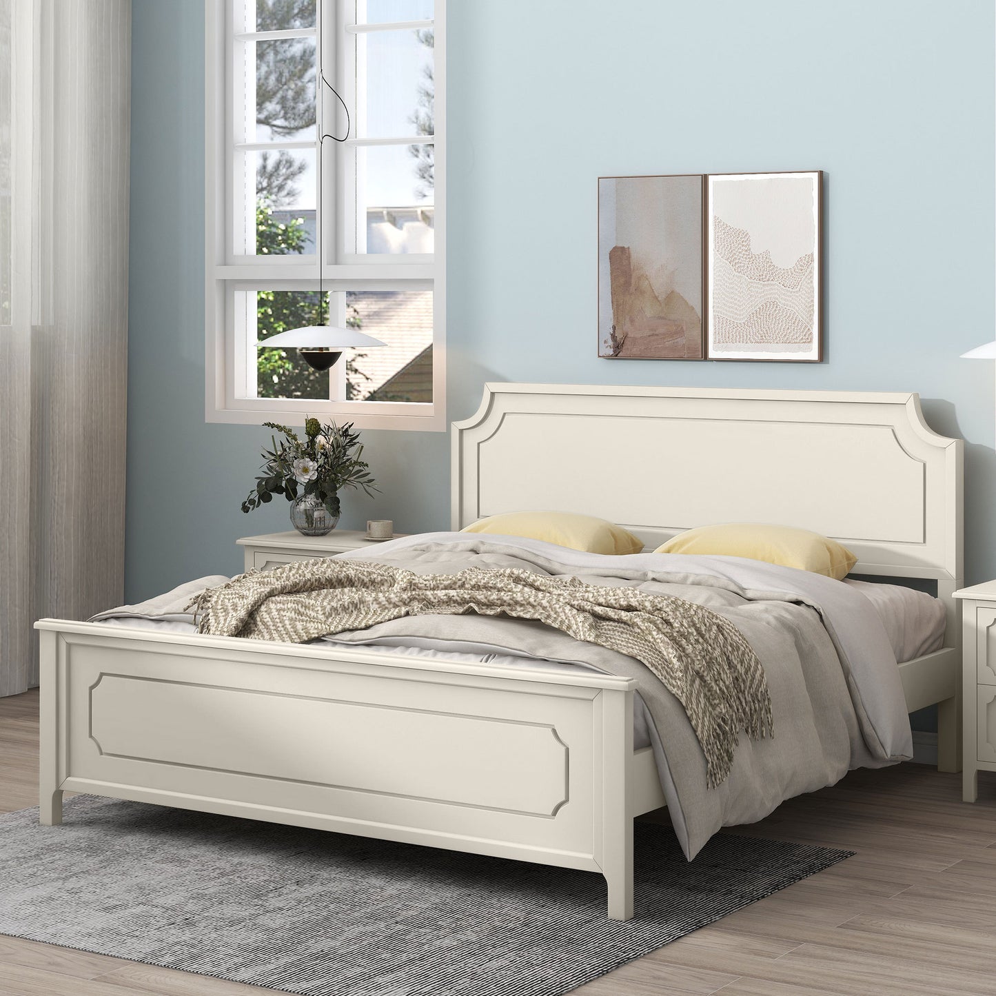 Milky White Solid Rubber Wood Platform Bed, King