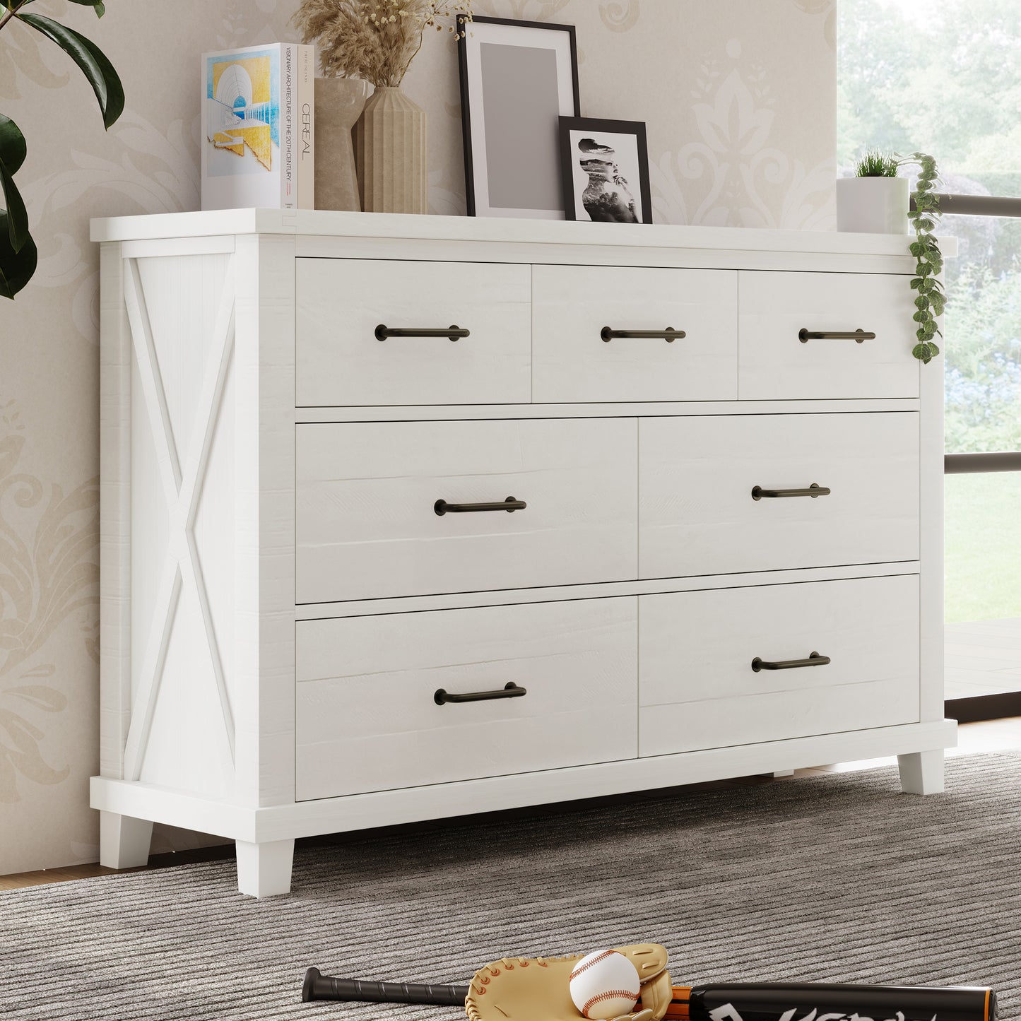Rustic Farmhouse Style Solid Pine Wood Whitewash Seven-Drawer Dresser for Living Room, Bedroom,White