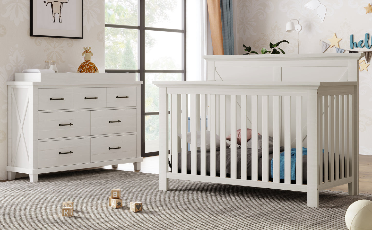 Rustic Farmhouse Style 3 Pieces Nursery Sets Whitewash Baby Crib and Changer Dreeser with Removable Changing Tray Bedroom Sets White