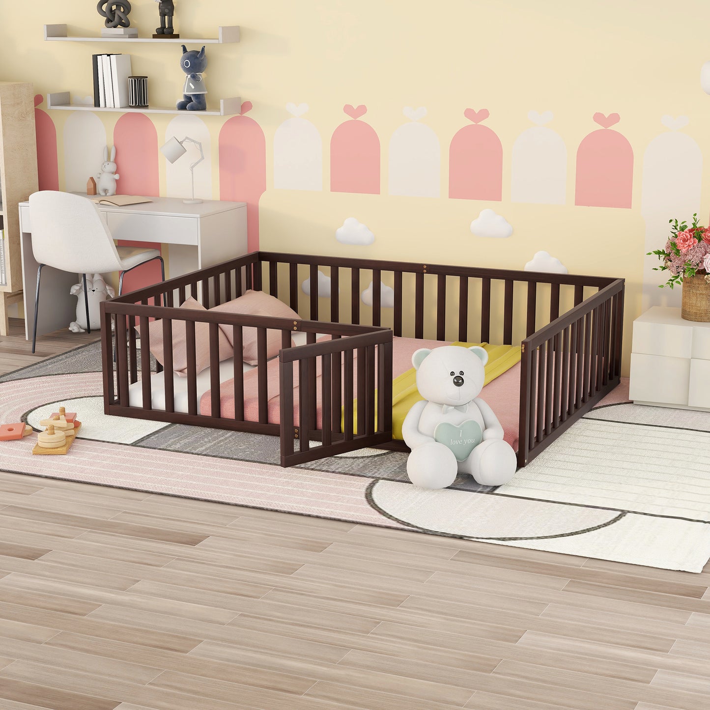 Queen Size Wood Floor Bed Frame with Fence and Door, Walnut(OLD SKU:WF289663AAL)