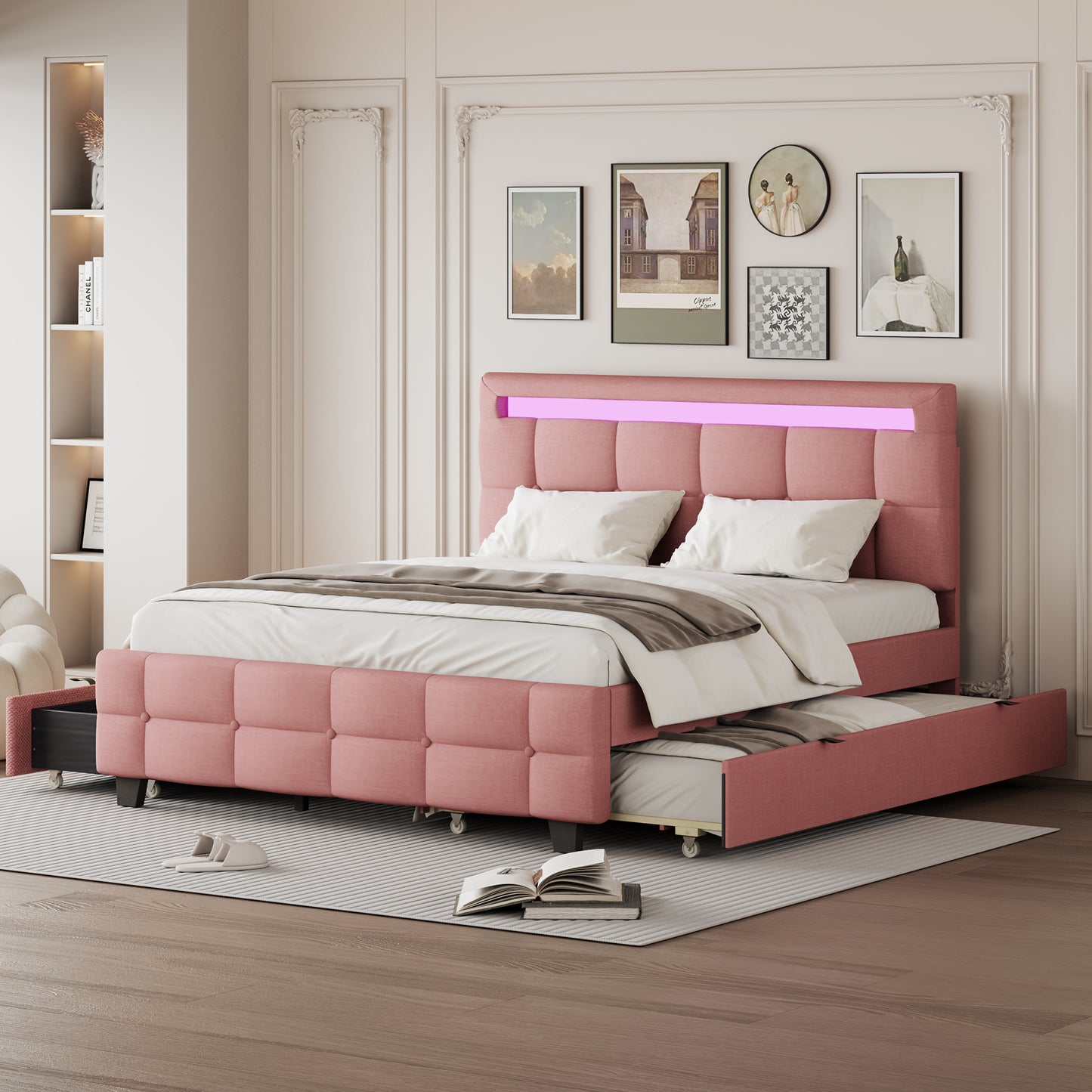 Queen Size Upholstered Platform Bed with LED Frame, with Twin XL Size Trundle and 2 drawers, Linen Fabric, Pink
