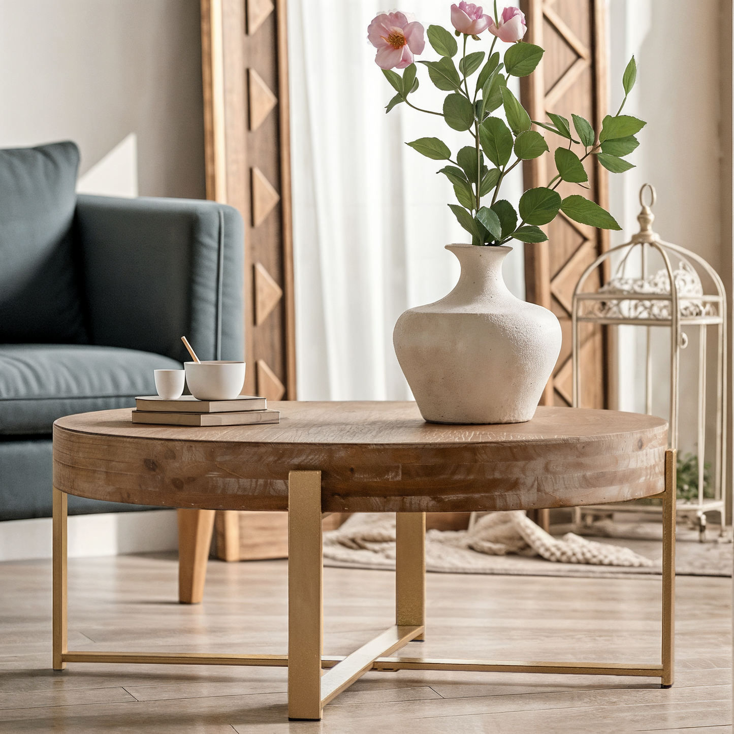 33.86"Modern Retro Splicing Round Coffee Table,Fir Wood Table Top with Gold Cross Legs Base(Same SKU:W757127348)