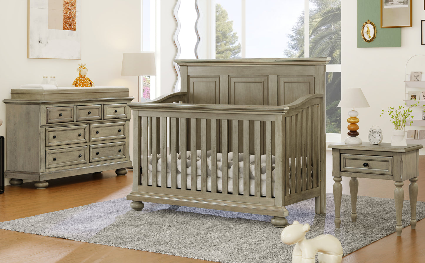 4 Pieces Nursery Sets Traditional Farmhouse Style 4-in-1 Convertible Crib + Nightstand + Dresser with Changing Topper, Stone Gray