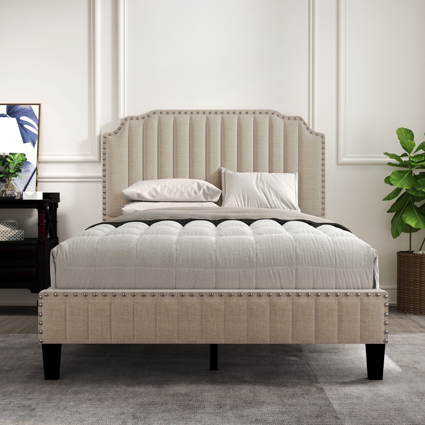 Modern Linen Curved Upholstered Platform Bed , Solid Wood Frame , Nailhead Trim, Beige (Full)