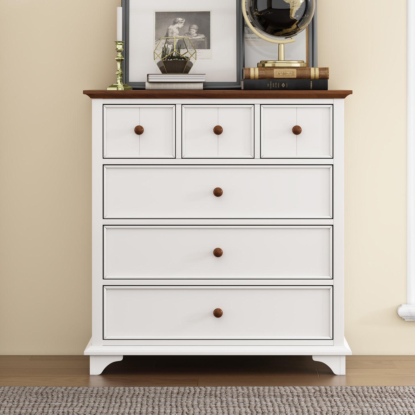 Wooden Captain Six-Drawer Chest for Bedroom, Living Room, Kids' Room, White+Walnut