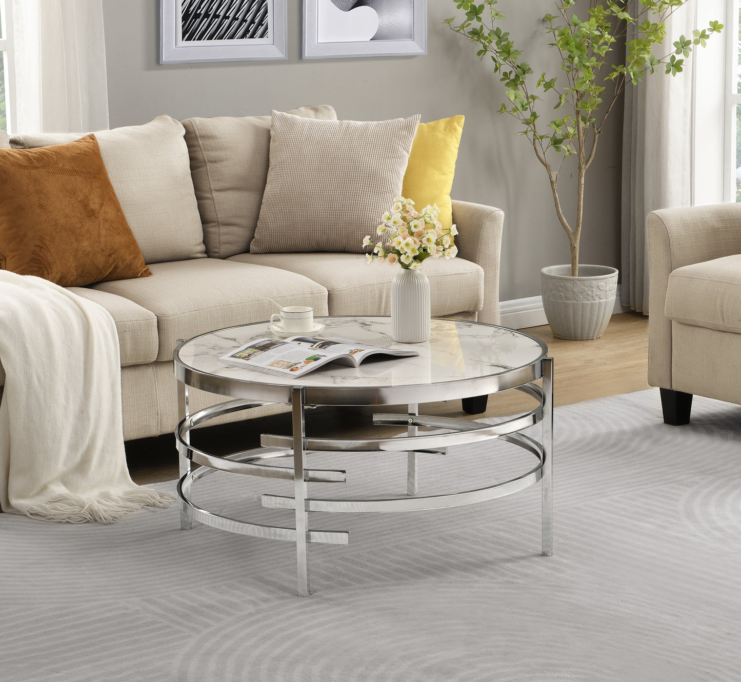 32.48'' Chrome Round Coffee Table With Sintered Stone Top&Sturdy Metal Frame, Modern Coffee Table for Living Room, Silver