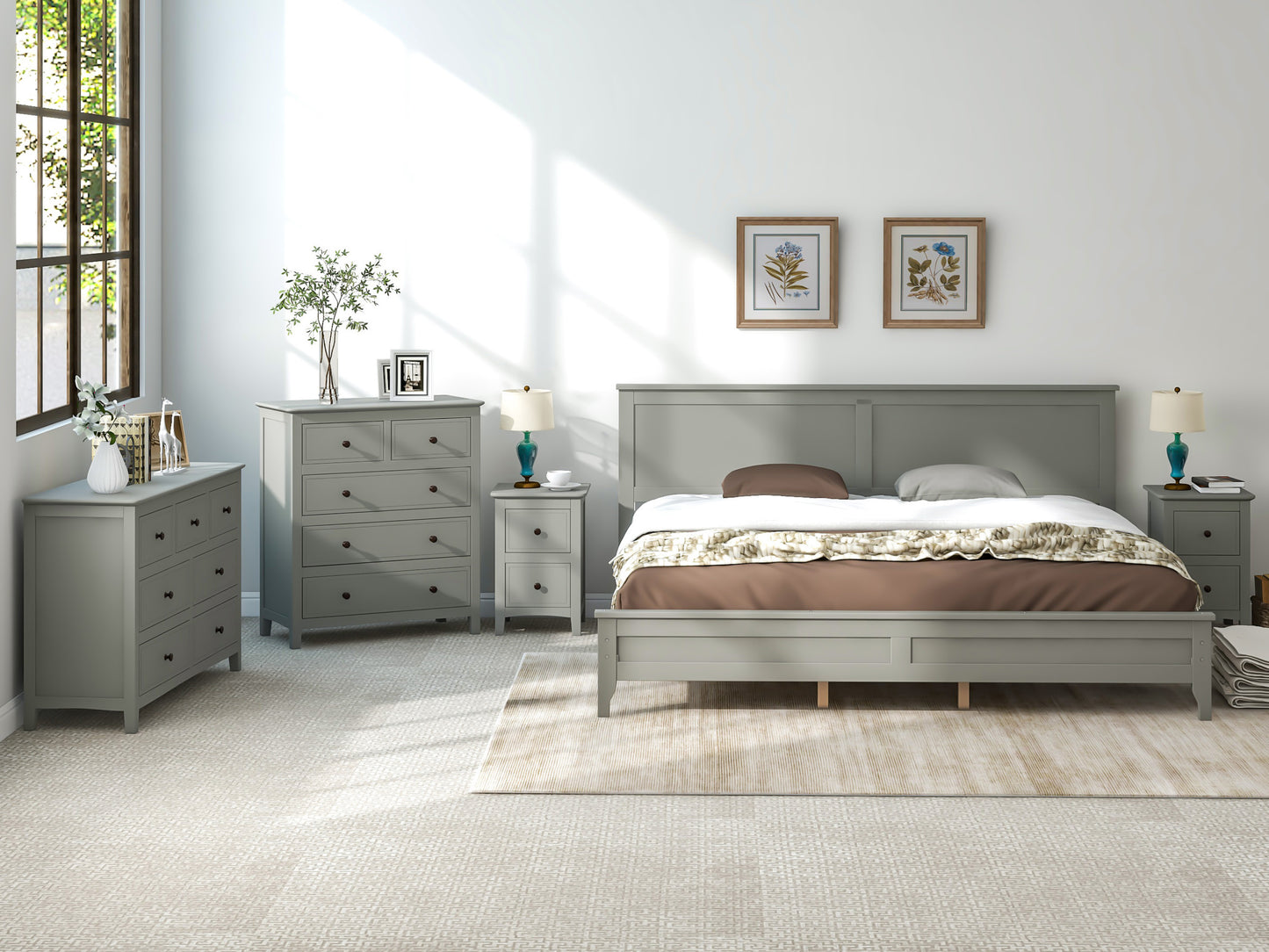 Gray Solid Wood 5 Pieces King Bedroom Sets(bed+nightstand*2+chest+dresser)NEW