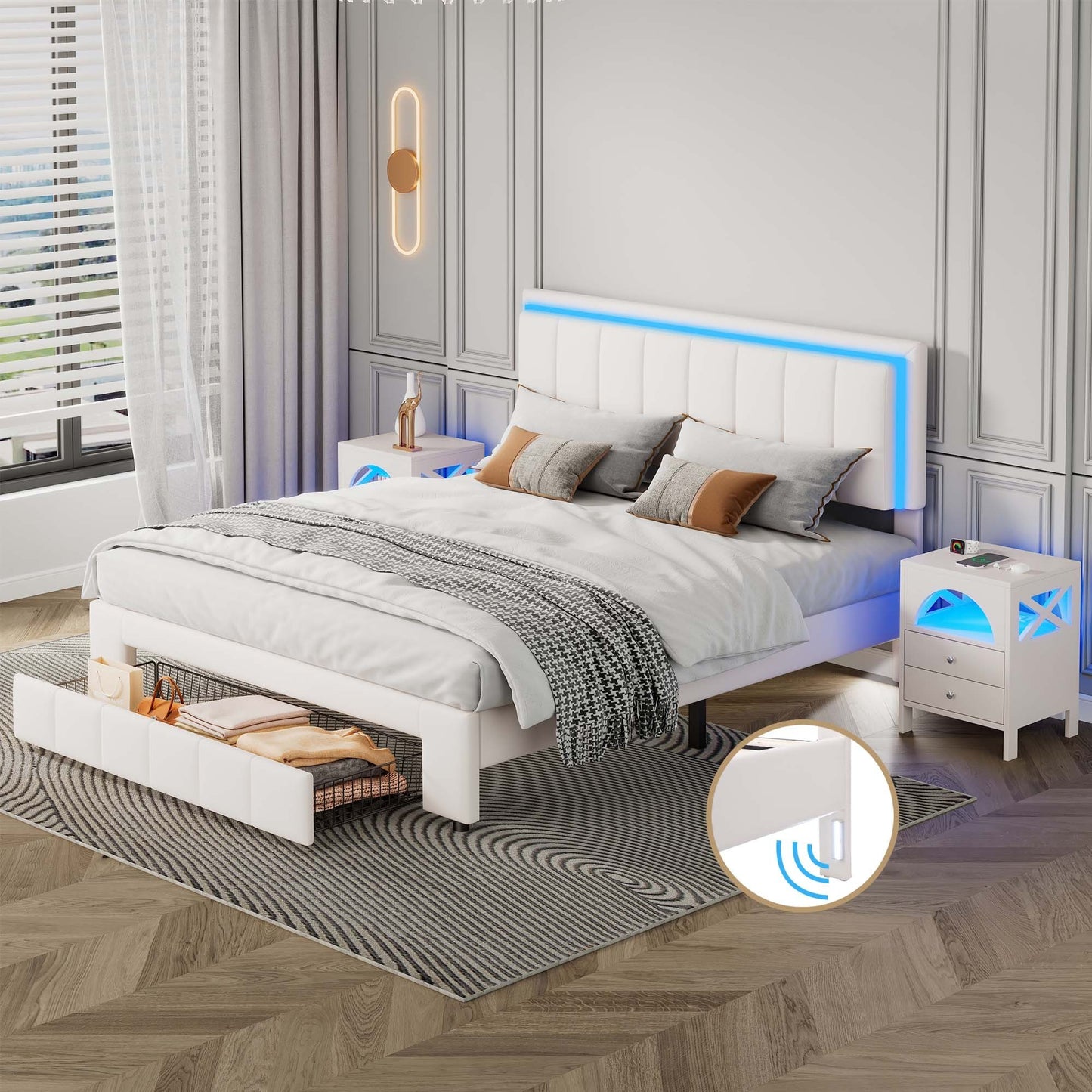 3-Pieces Bedroom Sets,Queen Size Upholstered Bed with LED Lights and Motion Activated Night Lights,Two Nightstands with USB Charging Station and LED lights,White