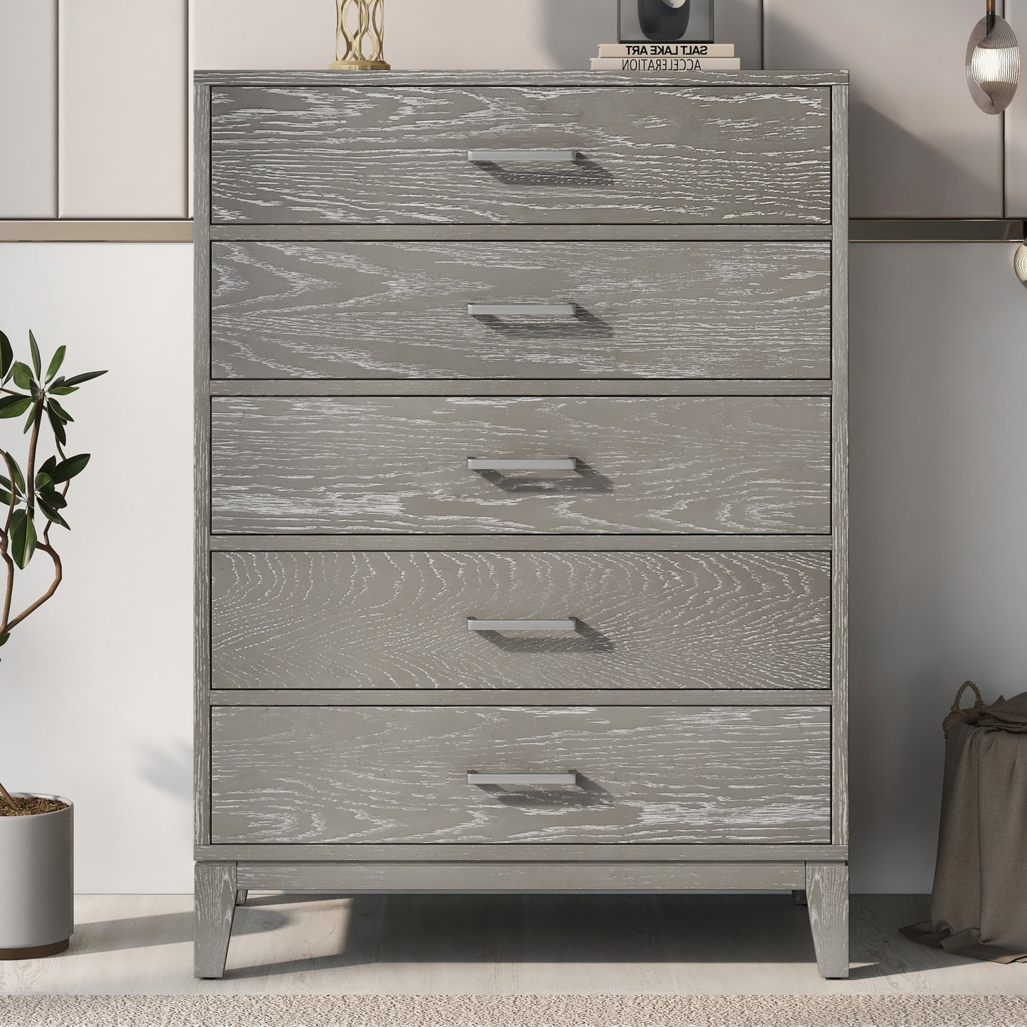 Modern Concise Style Grey Wood Grain Five-Drawer Chest with Tapered Legs and Smooth Gliding Drawers