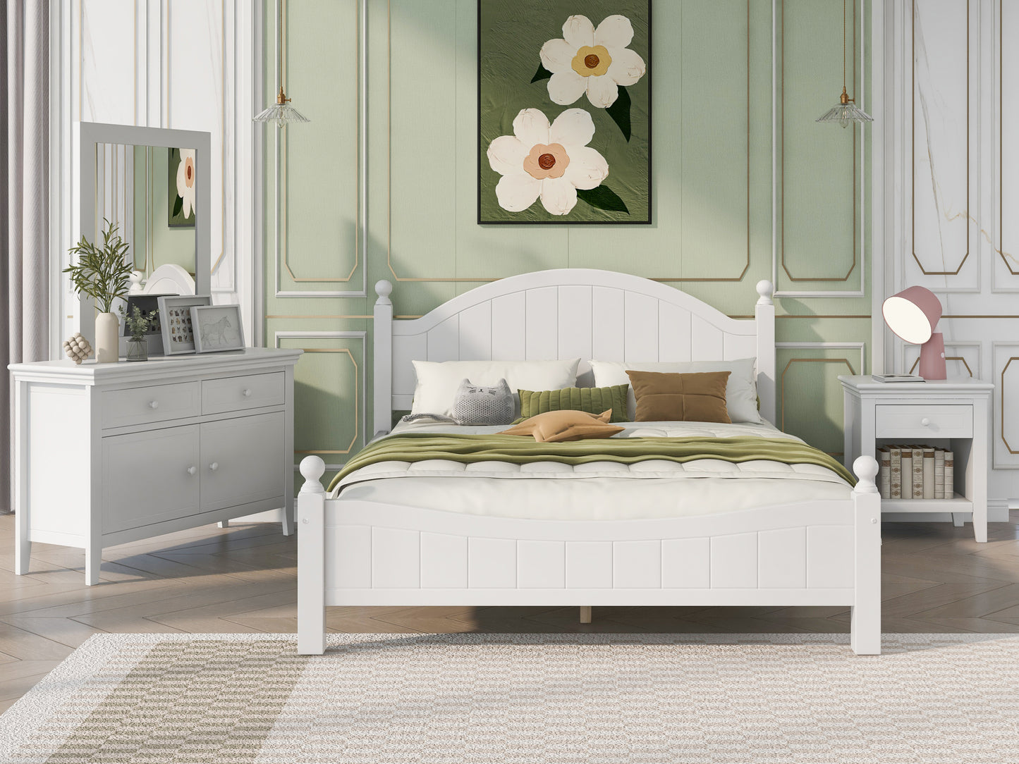 4 Pieces Traditional Concise Style White Bedroom Sets, Nightstand+ Dresser+ Mirror+King Bed
