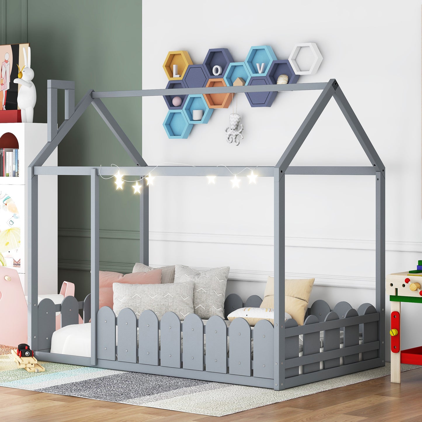 (Slats are not included) Twin Size Wood Bed House Bed Frame with Fence, for Kids, Teens, Girls, Boys (Gray )(OLD SKU :WF194274AAE)