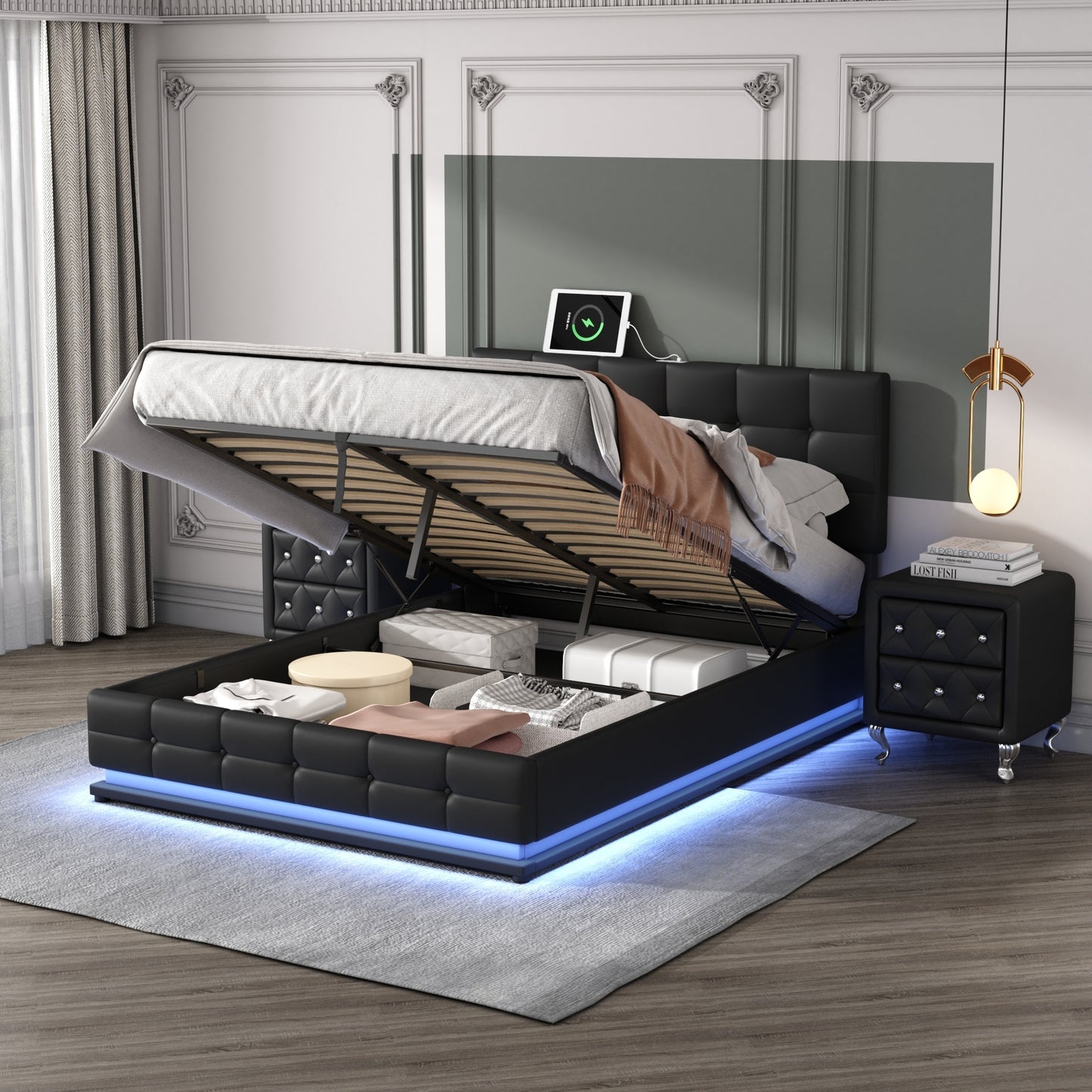 3-Pieces Bedroom Sets,Queen Size Upholstered Bed with LED Lights,Hydraulic Storage System and USB Charging Station, Two Nightstands with Crystal Decoration,Black