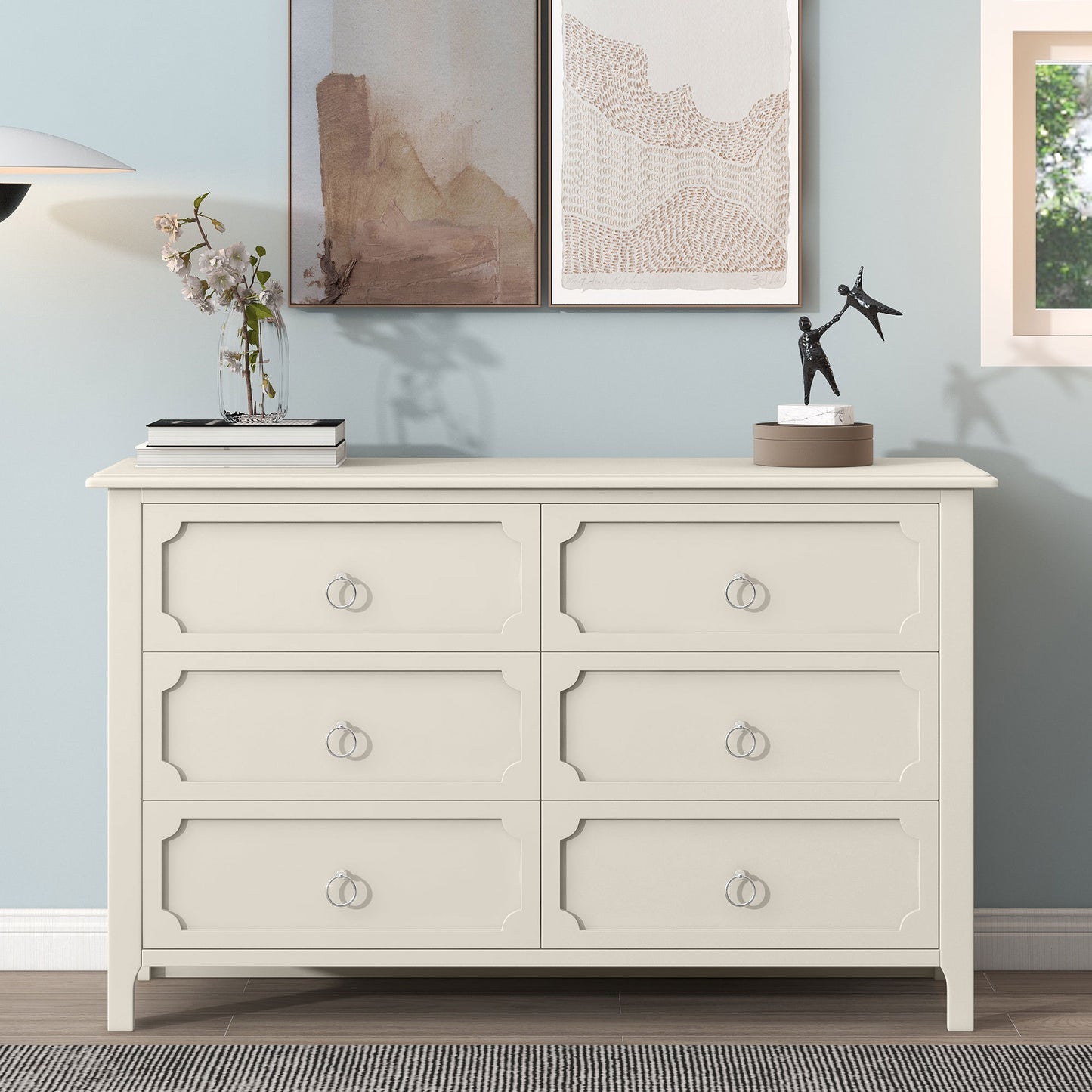 Milky White Rubber Wooden Dresser Six Large Drawers Silver Metal Handles for Living Room Guest Room Bedroom