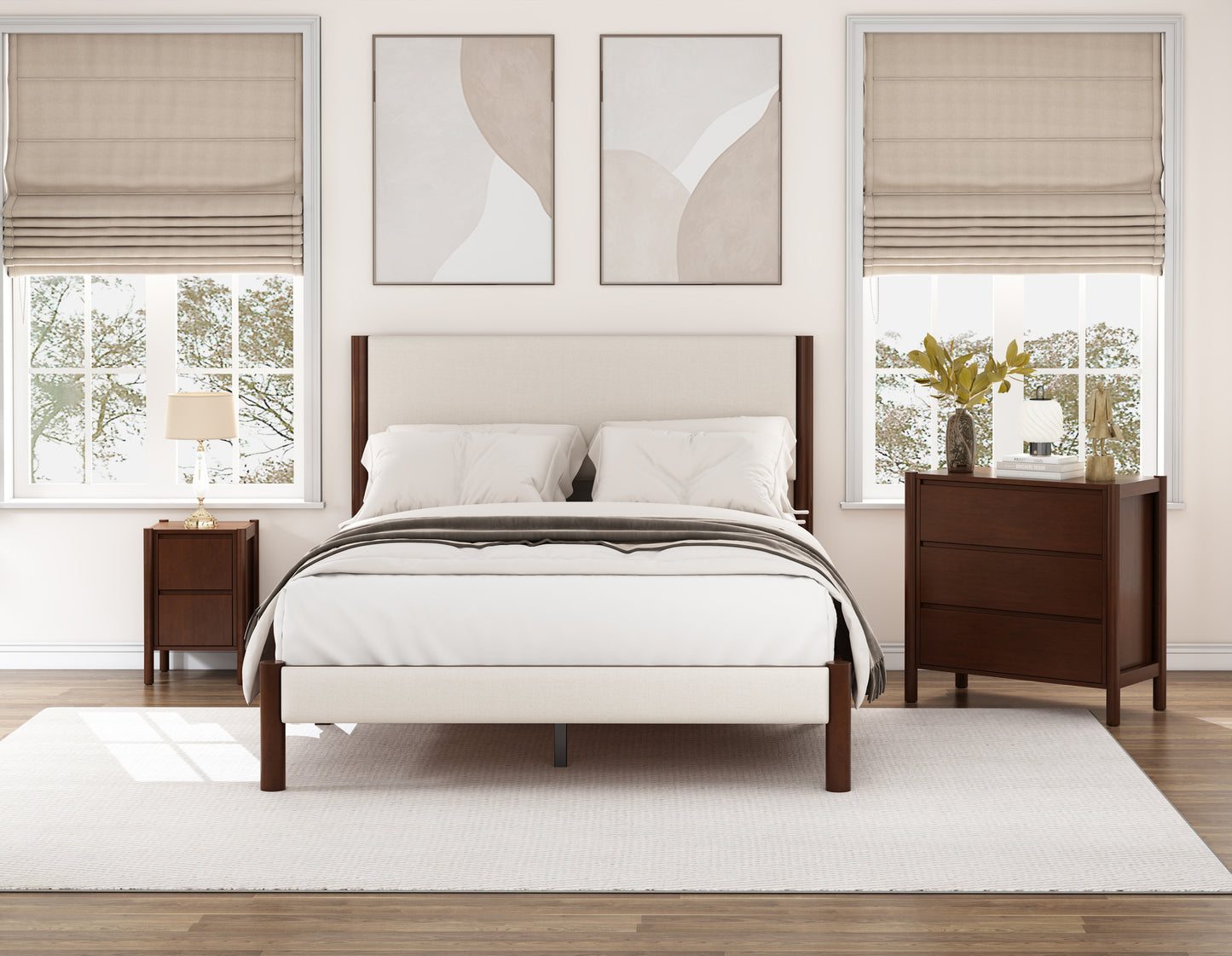3 Pieces Bedroom Sets Mid Century Modern Upholestery Walnut Wood Frame Queen Platform Bed with Nightstand and Chest