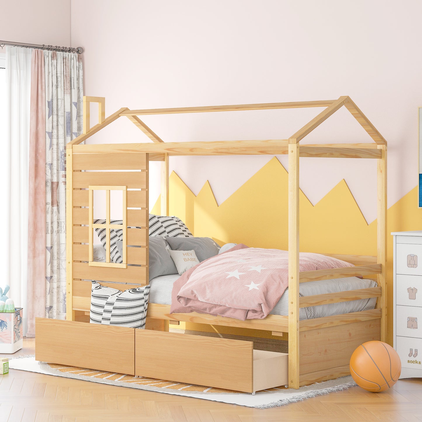 Twin Size House Bed Wood Bed with Two Drawers ( Natural )