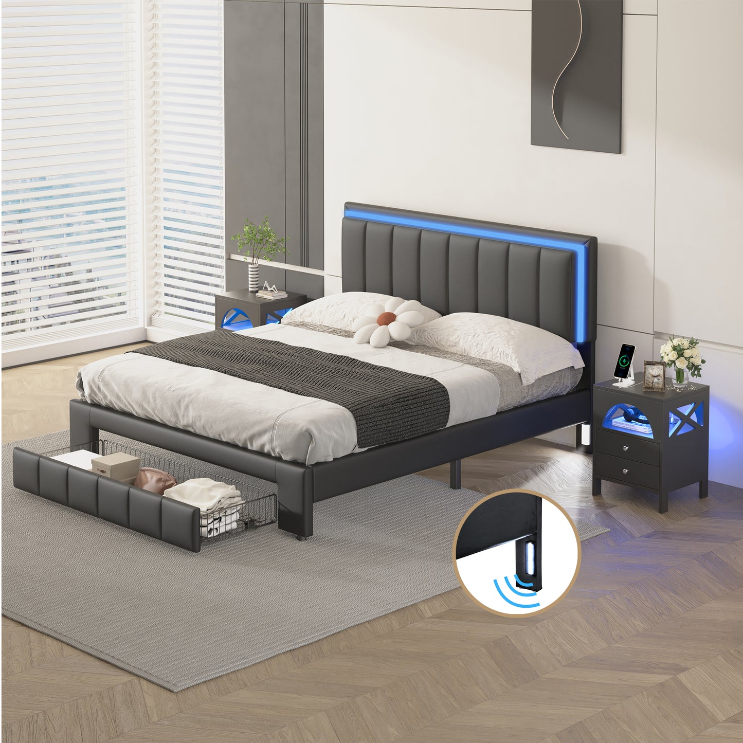 3-Pieces Bedroom Sets,Queen Size Upholstered Bed with LED Lights and Motion Activated Night Lights,Two Nightstands with USB Charging Station and LED lights,Black