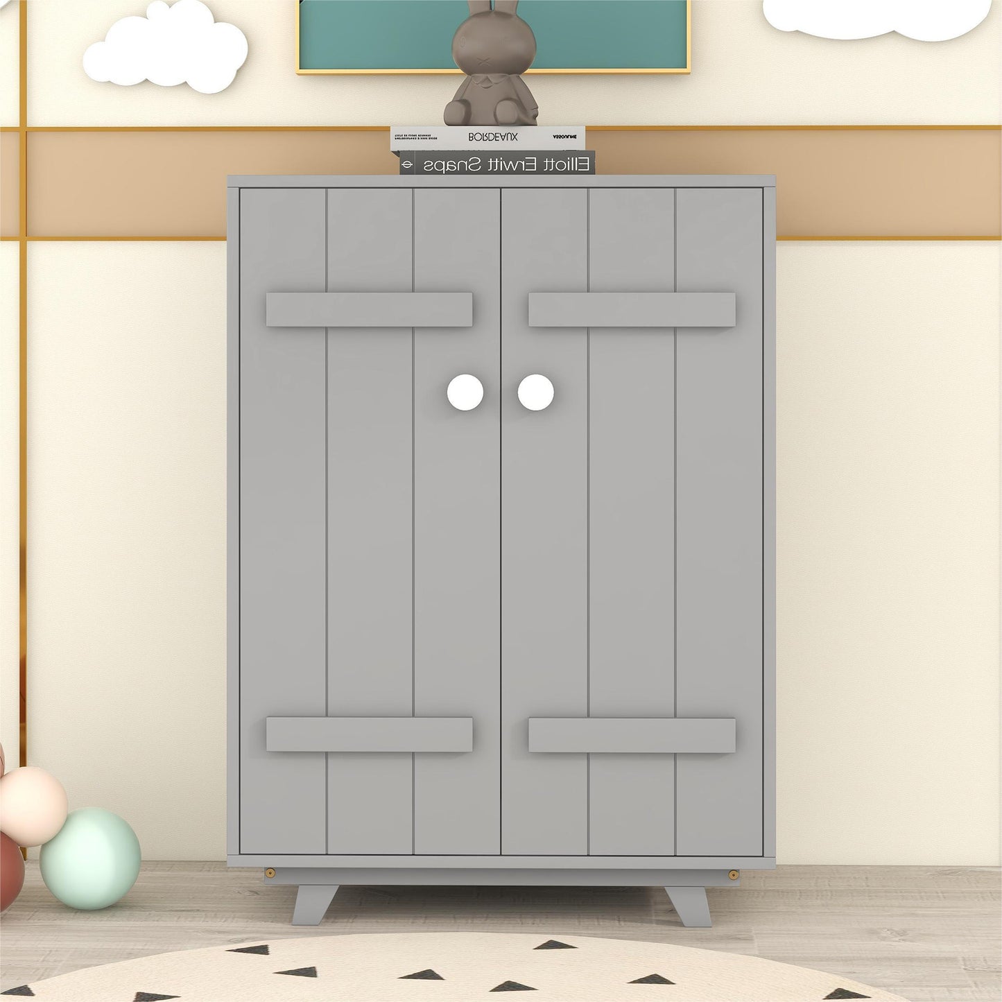 Wooden Wardrobe Cabinet with Hanging Rod, Storage Armoires with Doors,Gray