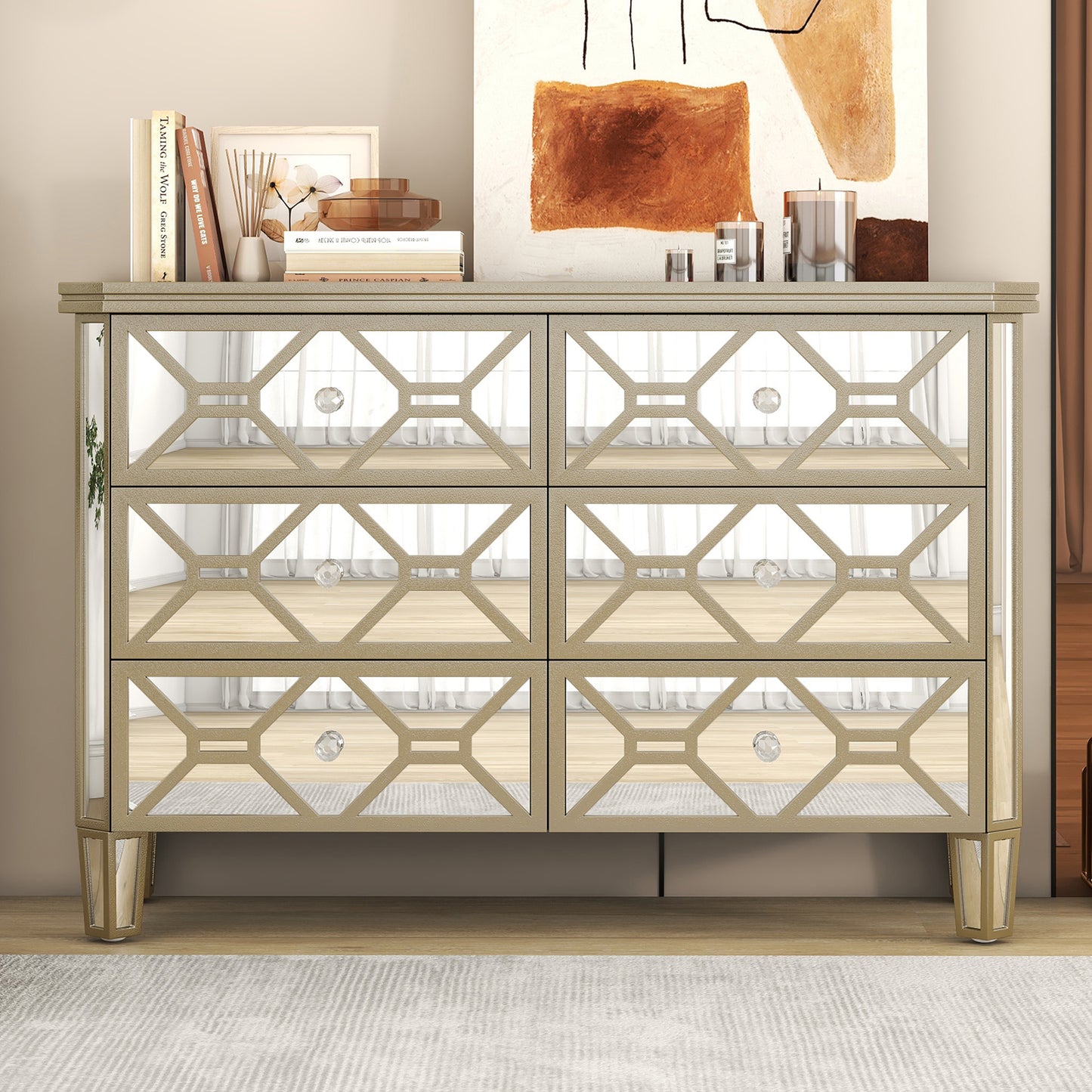 Elegant Mirrored 6-Drawer Dresser with Golden Lines Storage Cabinet for Living Room, Hallway, Entryway