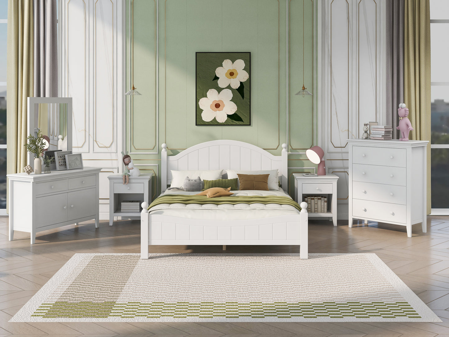 6 Pieces Traditional Concise Style White Bedroom Sets, Nightstand*2+ Chest+ Dresser+ Mirror+ King Bed