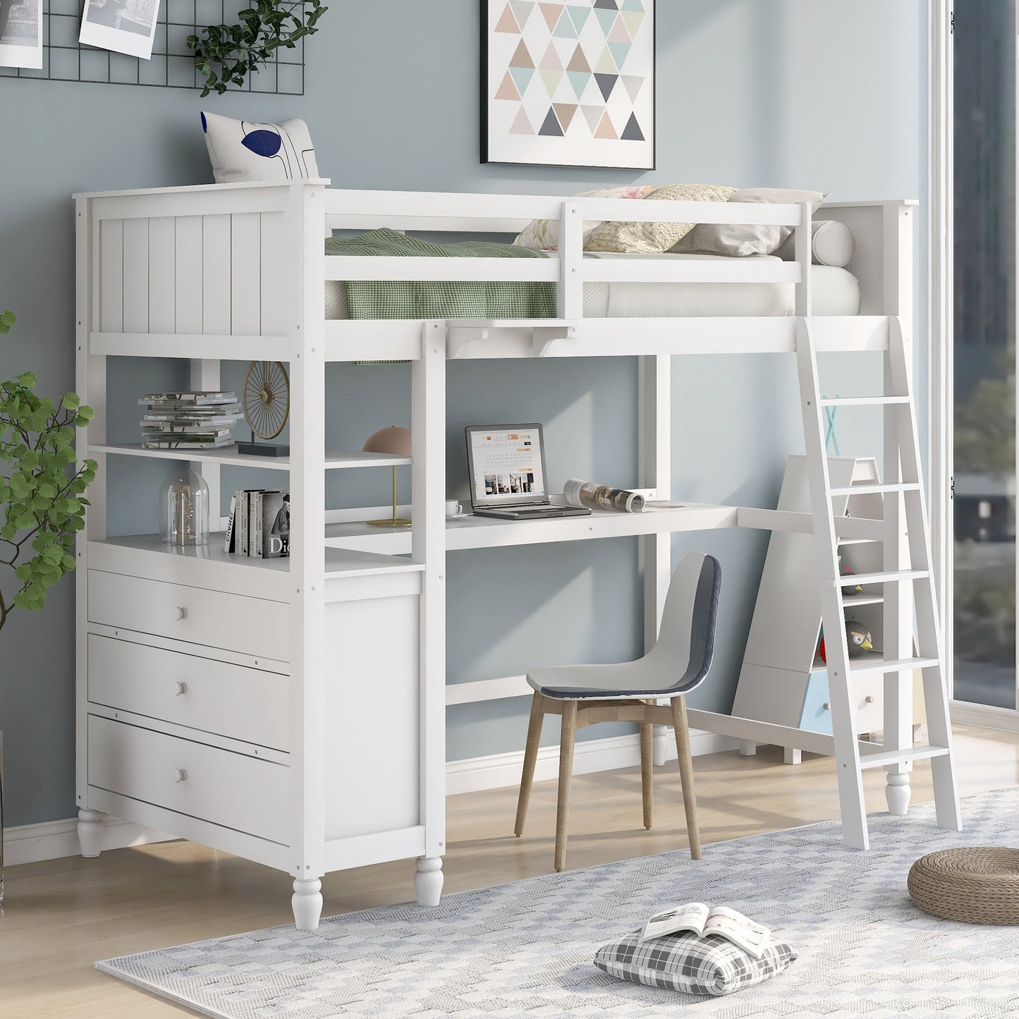 Twin size Loft Bed with Drawers and Desk, Wooden Loft Bed with Shelves - White(OLD SKU: LP000530AAK)