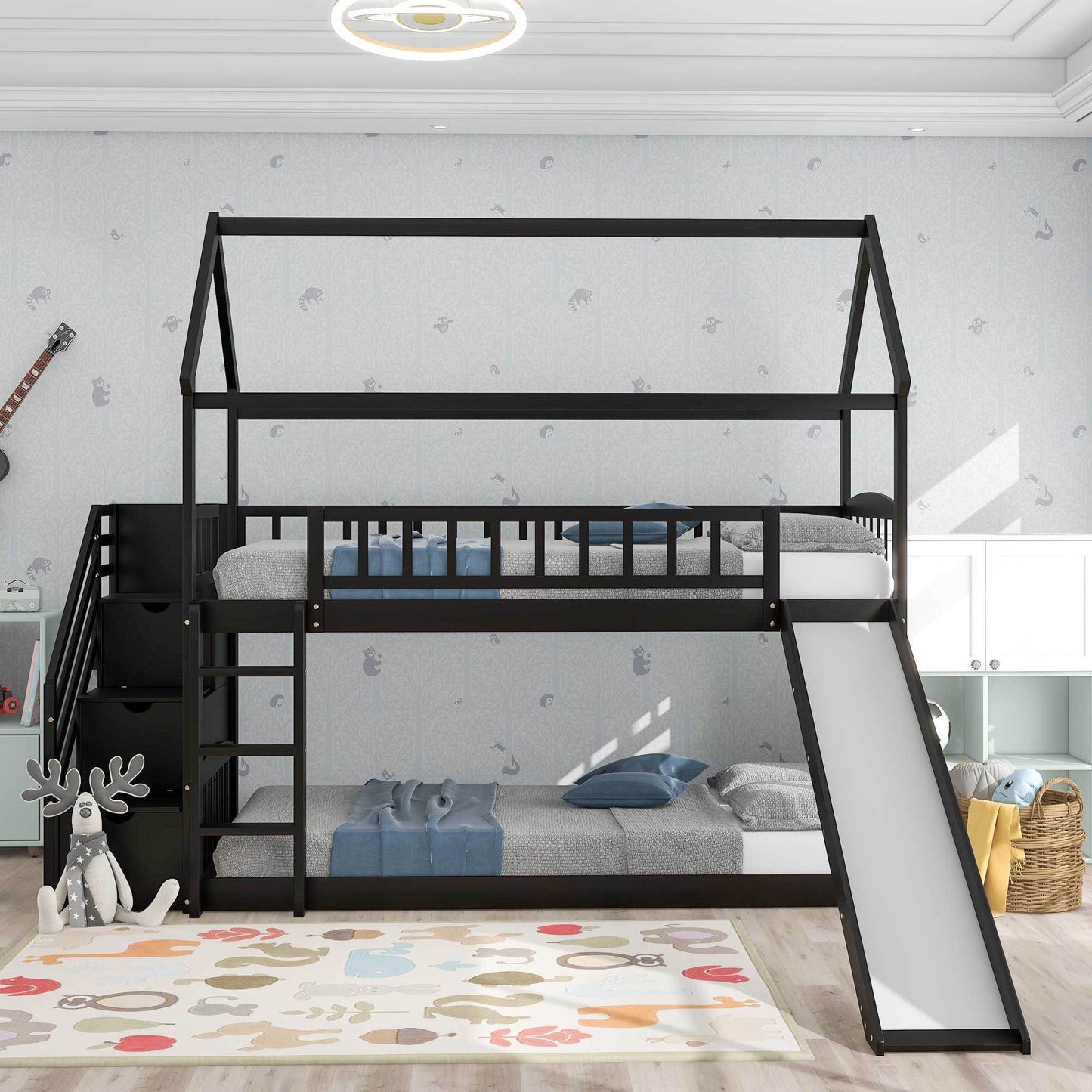 Twin Over Twin Bunk Bed with Drawers and Slide, House Bed with Slide,Espresso(OLD SKU :LT000215AAP)