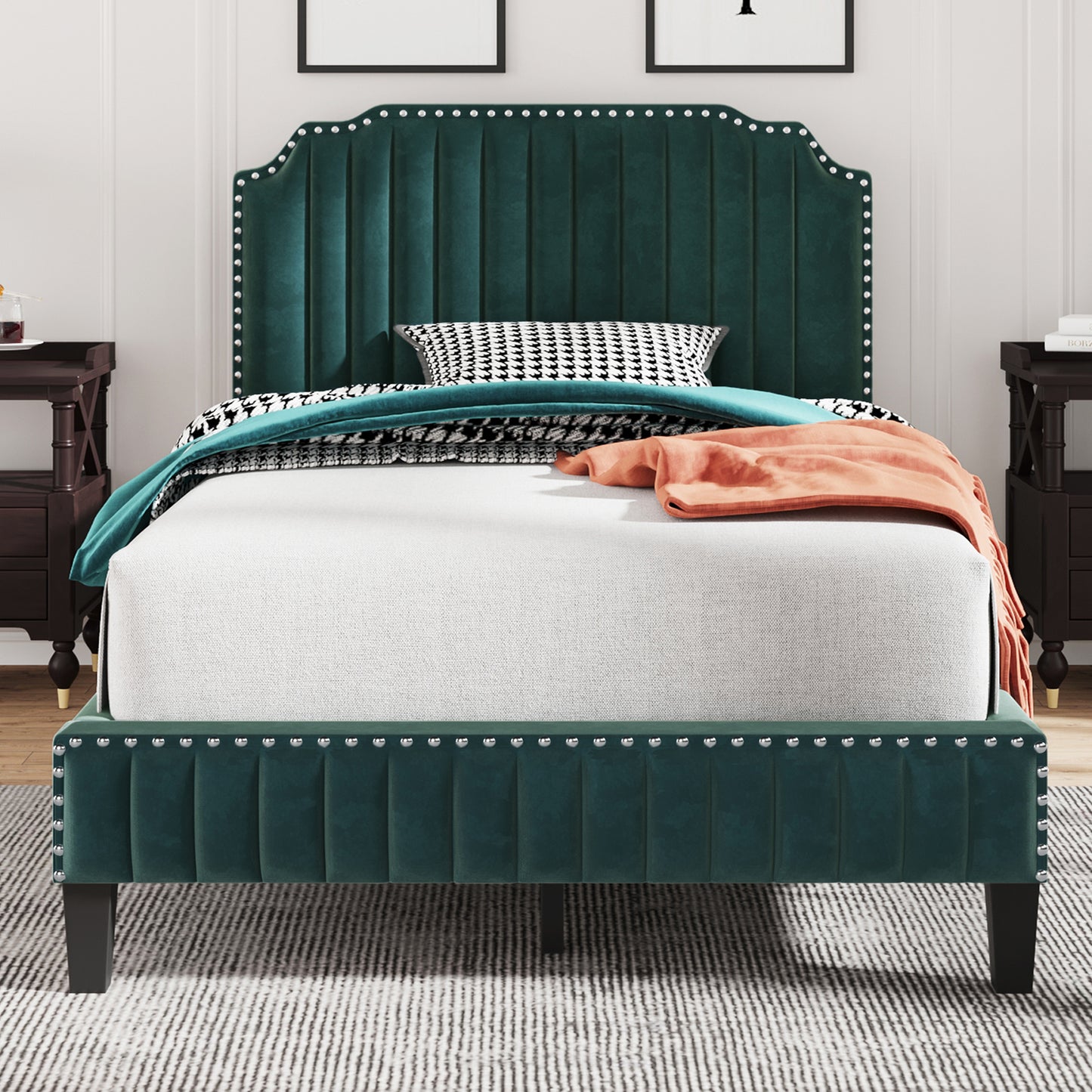 Modern Velvet Curved Upholstered Platform Bed , Solid Wood Frame , Nailhead Trim, Green (Full)