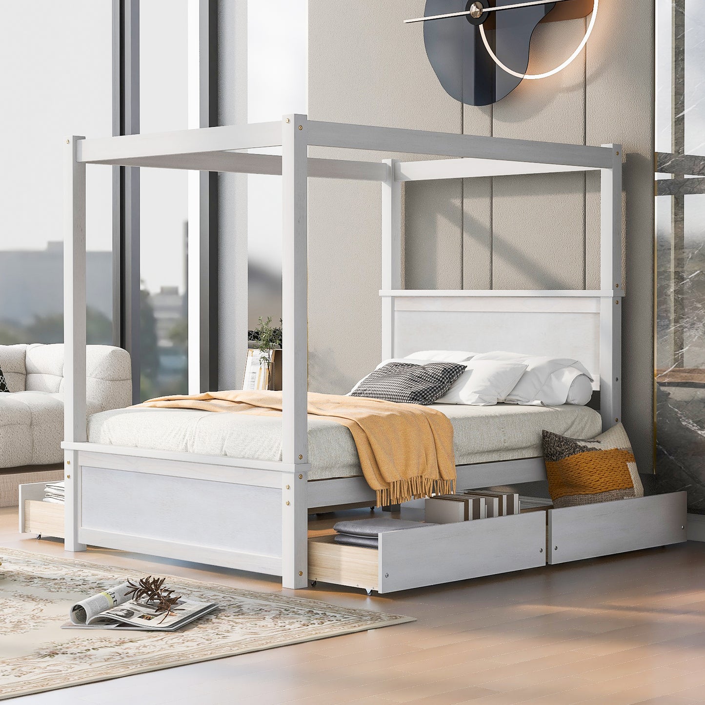 Wood Canopy Bed with four Drawers ,Full Size Canopy Platform Bed With Support Slats .No Box Spring Needed, Brushed White