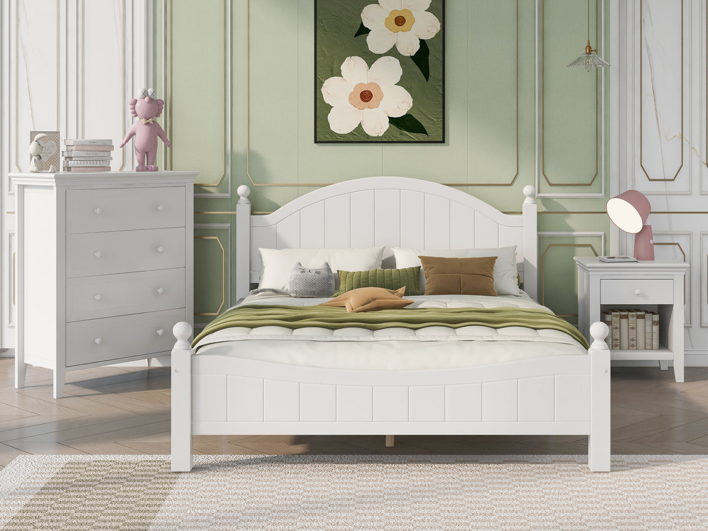 3 Pieces Traditional Concise Style White Bedroom Sets, Nightstand+ Chest+ King Bed