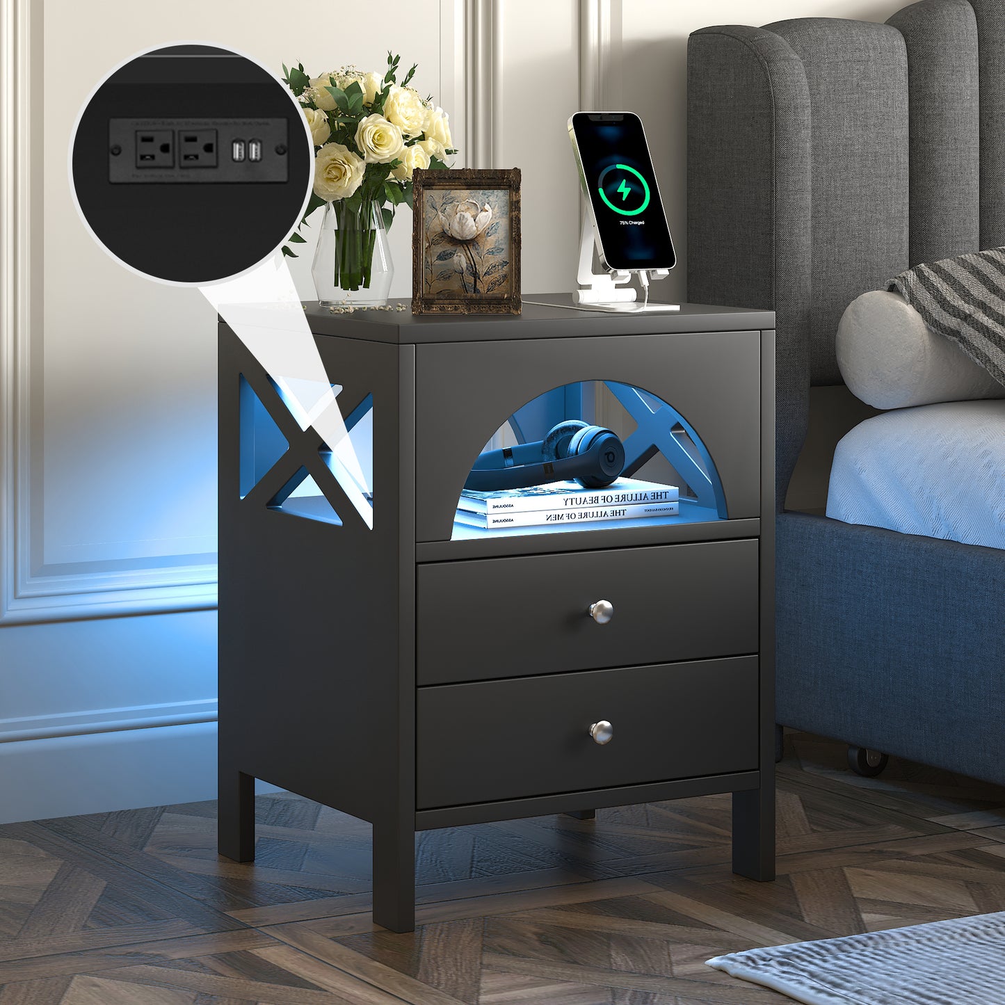 Nightstand with USB Charging Ports and LED Lights,End Table with 2 Drawers and Shelf,Black