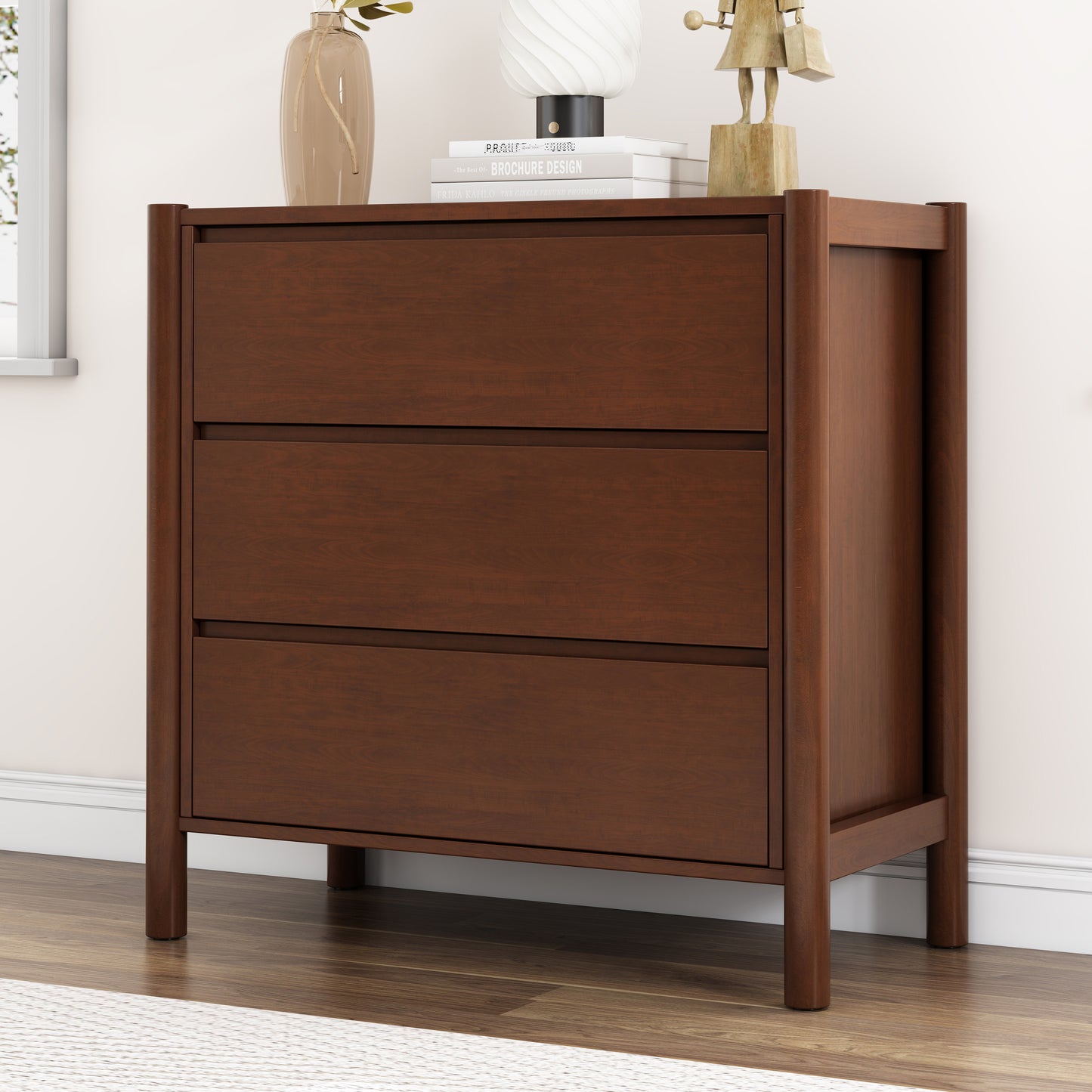 Mid Century Modern Wood 3-Drawer Chest Storage Cabinet Chest of Drawers for Bedroom, Living Room, Rich Walnut