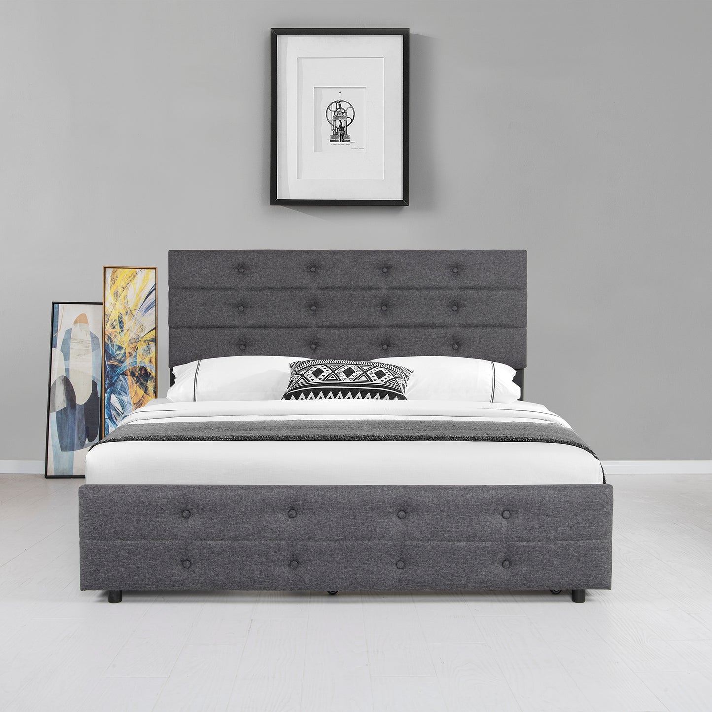 Queen Size Upholstered Linen Fabric Trundle bed with drawers Grey